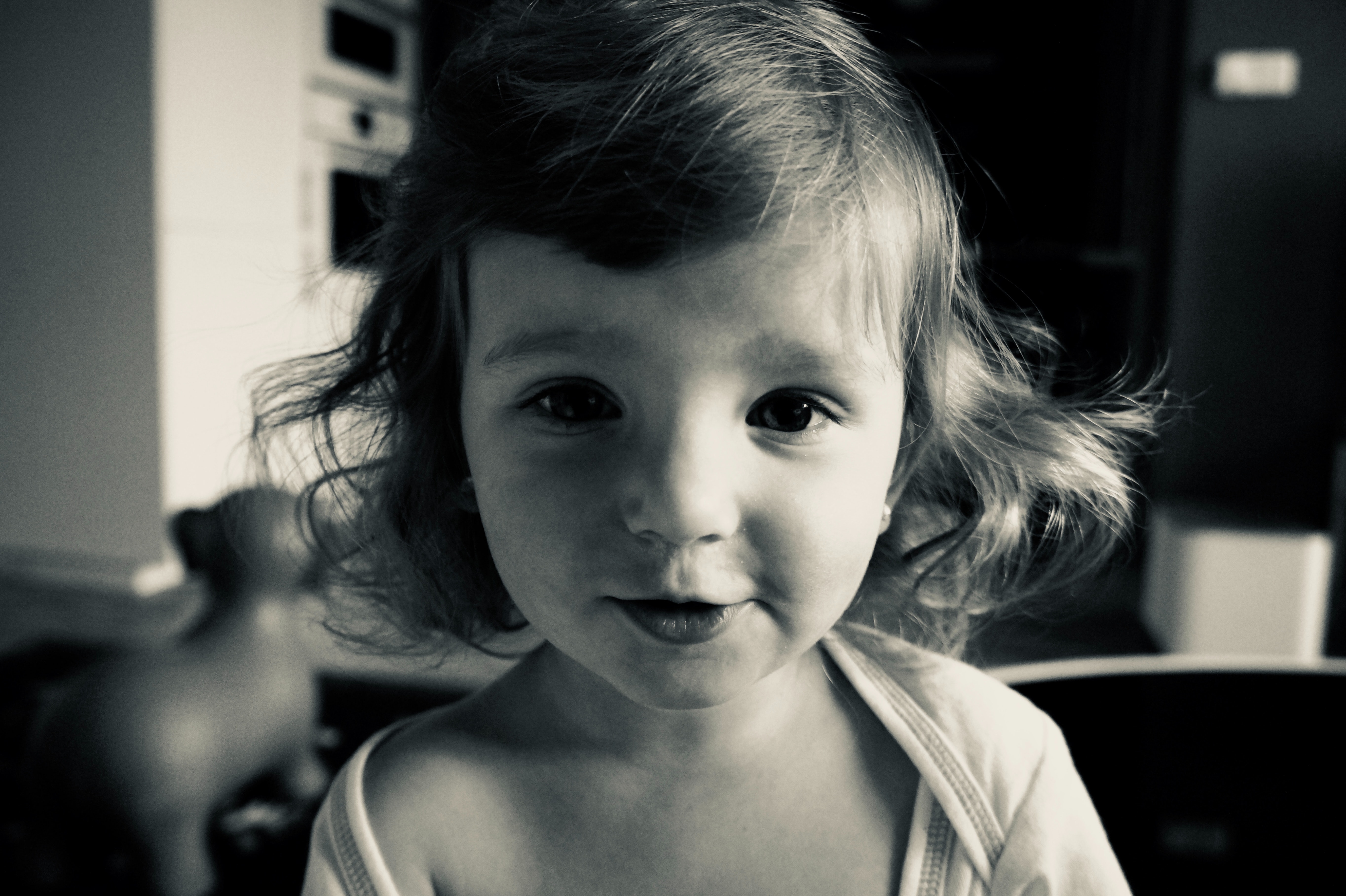 Gray Scale Photo of Girl Wearing Scoop Neck Shirt, Indoors, Young, Wear, Toddler, HQ Photo