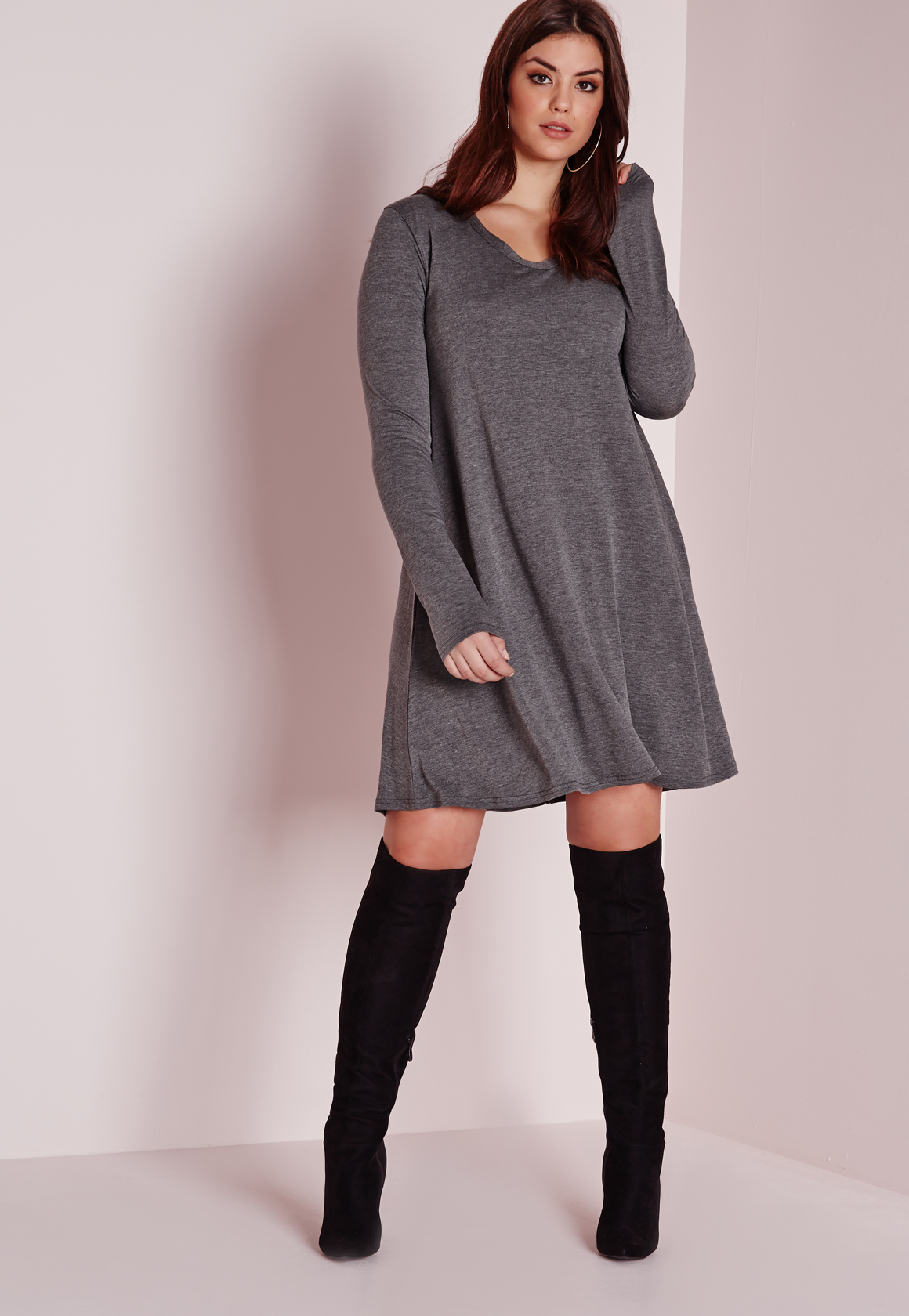 Lyst - Missguided Plus Size V Neck Swing Dress Grey in Gray