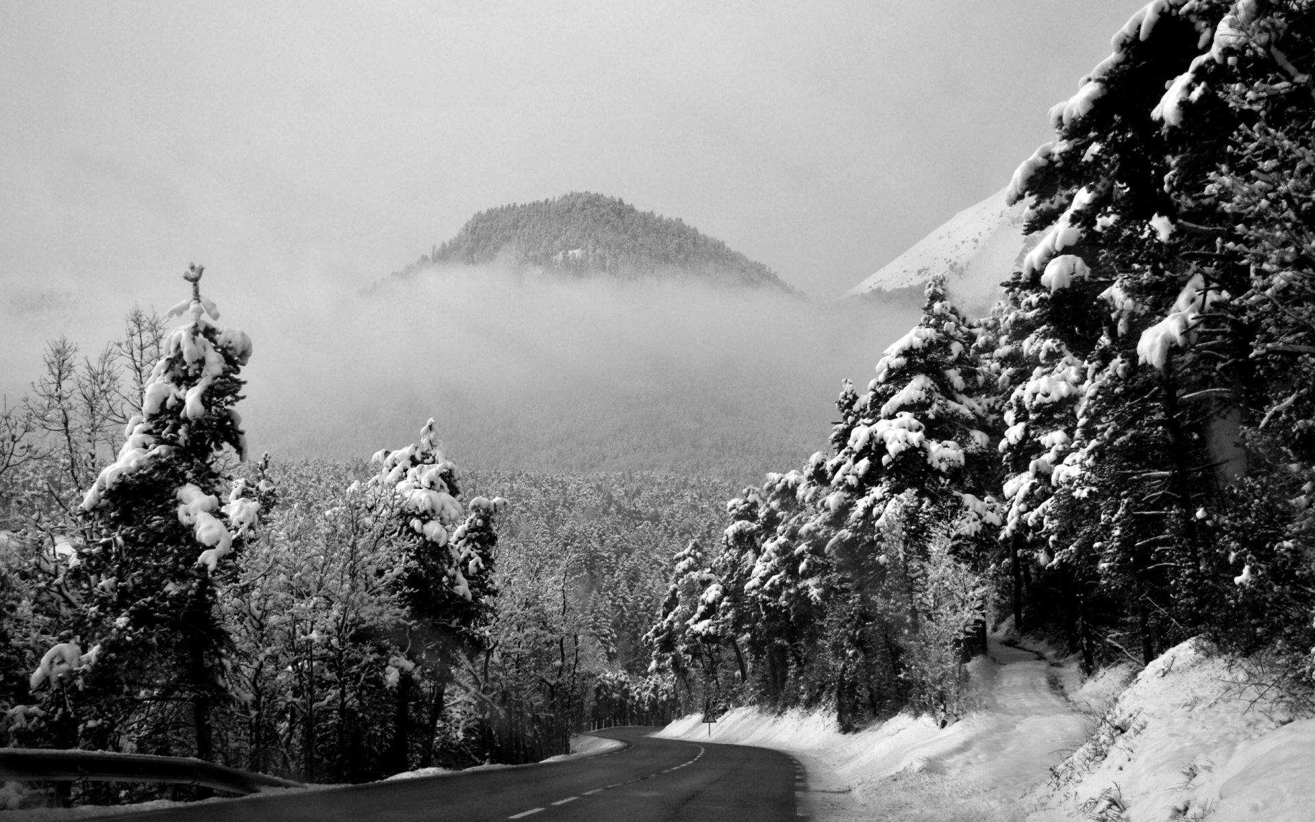 Winter season grayscale roads mountains trees forest black white ...