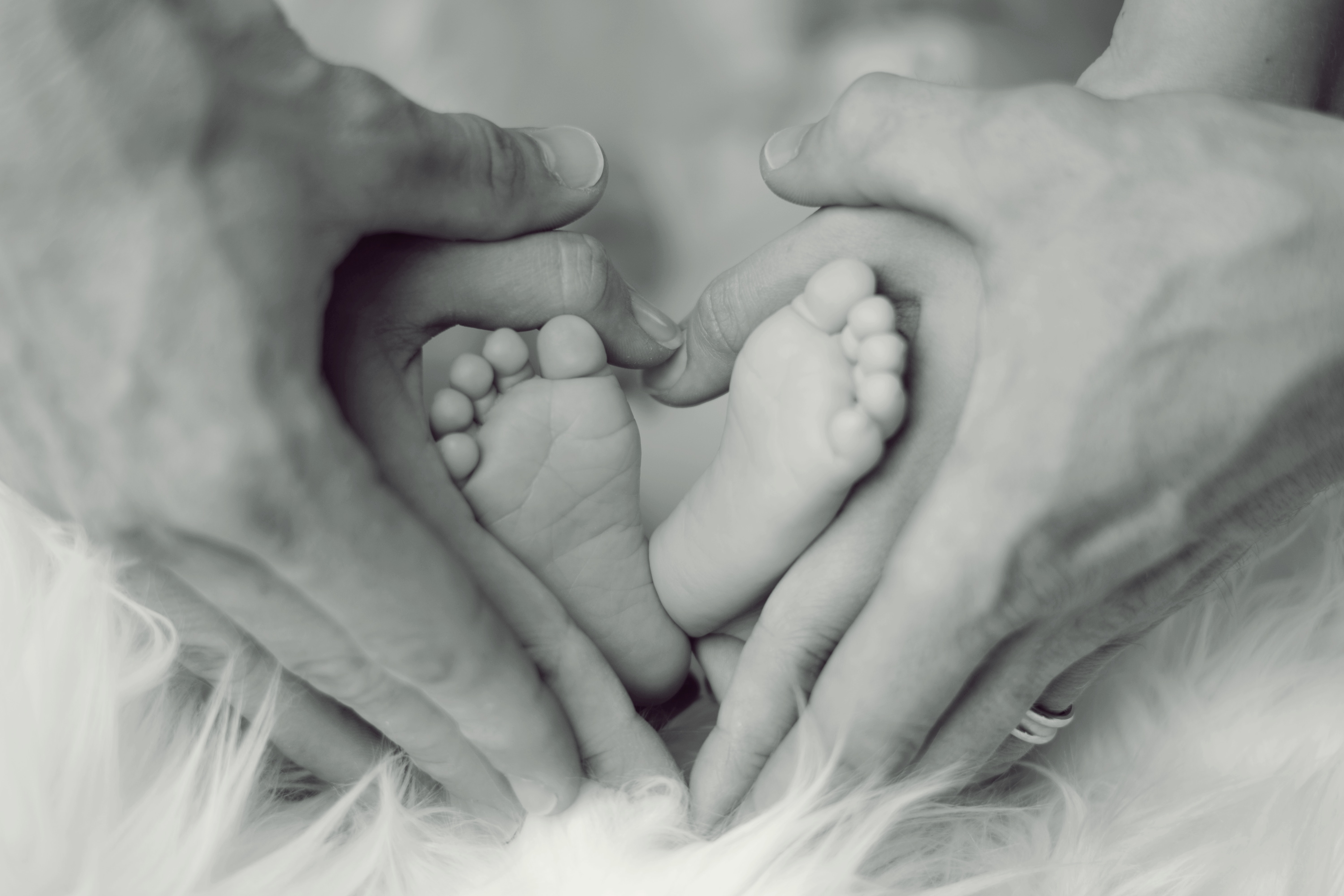 Grayscale Photo of Baby Feet With Father and Mother Hands in Heart Signs, Baby, Shape, People, Newborn, HQ Photo