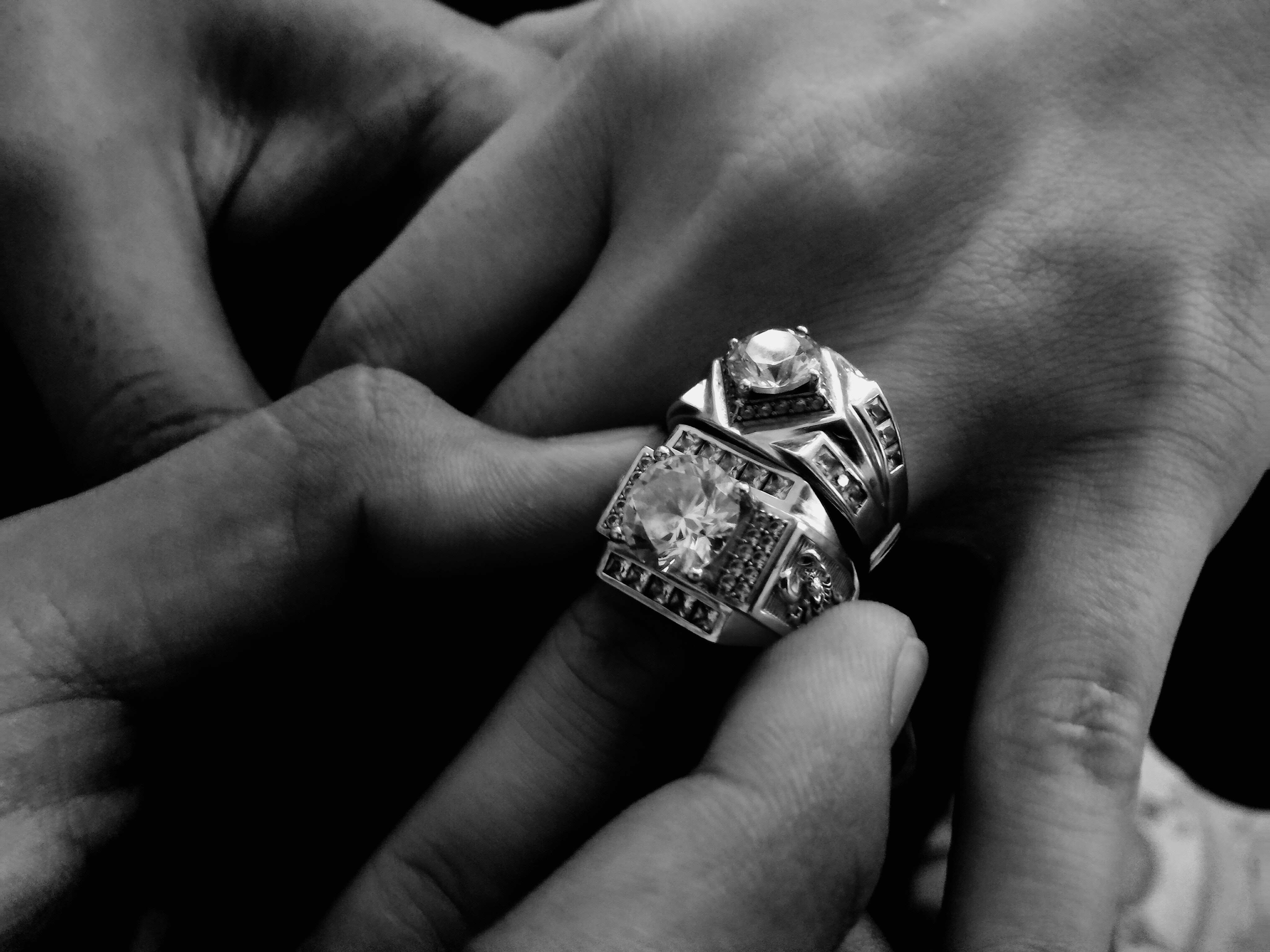 Grayscale Photo of Person Wearing Two Diamond-encrusted Rings, Adult, Love, Wedding, Wear, HQ Photo