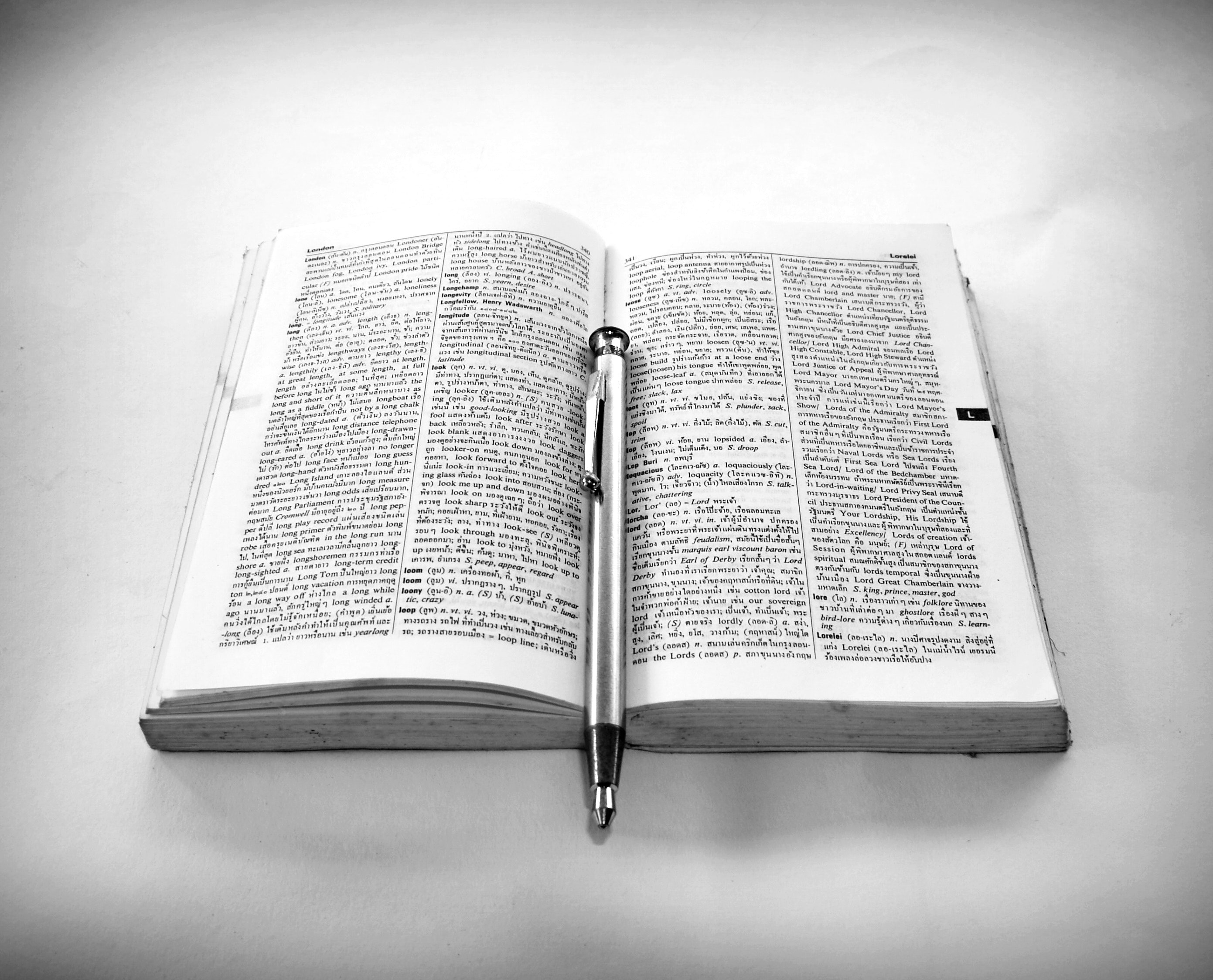 Grayscale Photography of Click Pen on Top of Opened Book, Ballpen, Bible, Black-and-white, Book, HQ Photo
