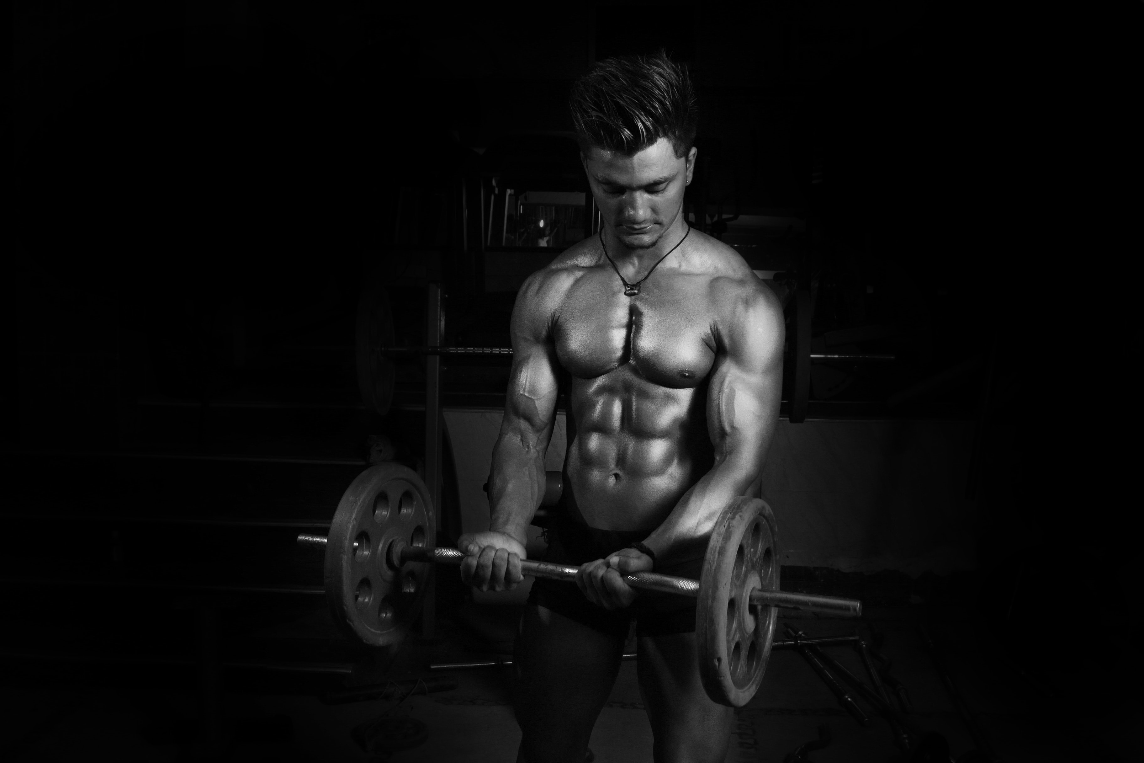 Grayscale Photography of Man Carrying Barbell, Athlete, Weights, Weightlifting, Training, HQ Photo