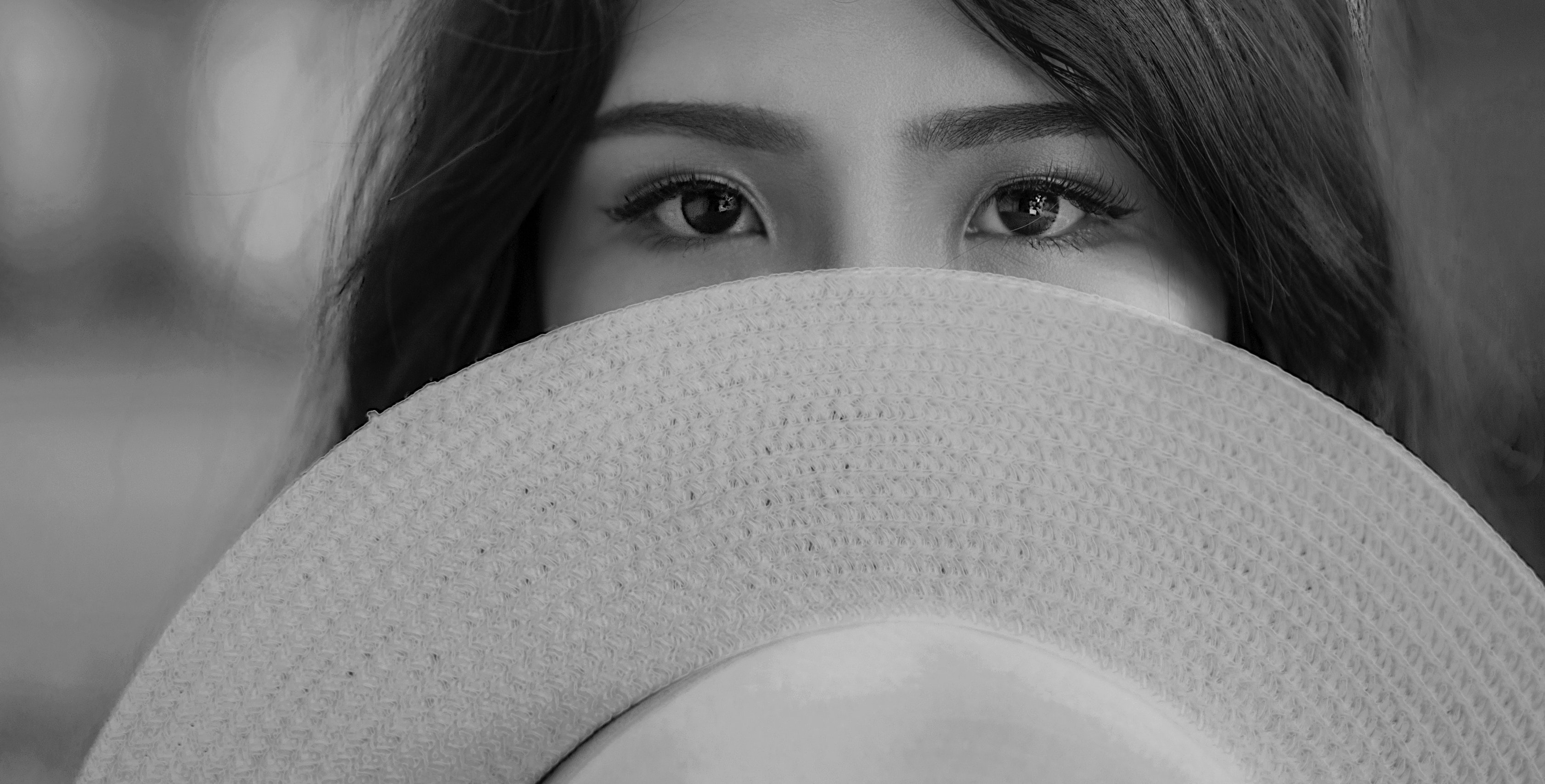 Grayscale Photography of Woman Covering Her Face With Sun Hat, Black-and-white, Blur, Close-up, Eyes, HQ Photo