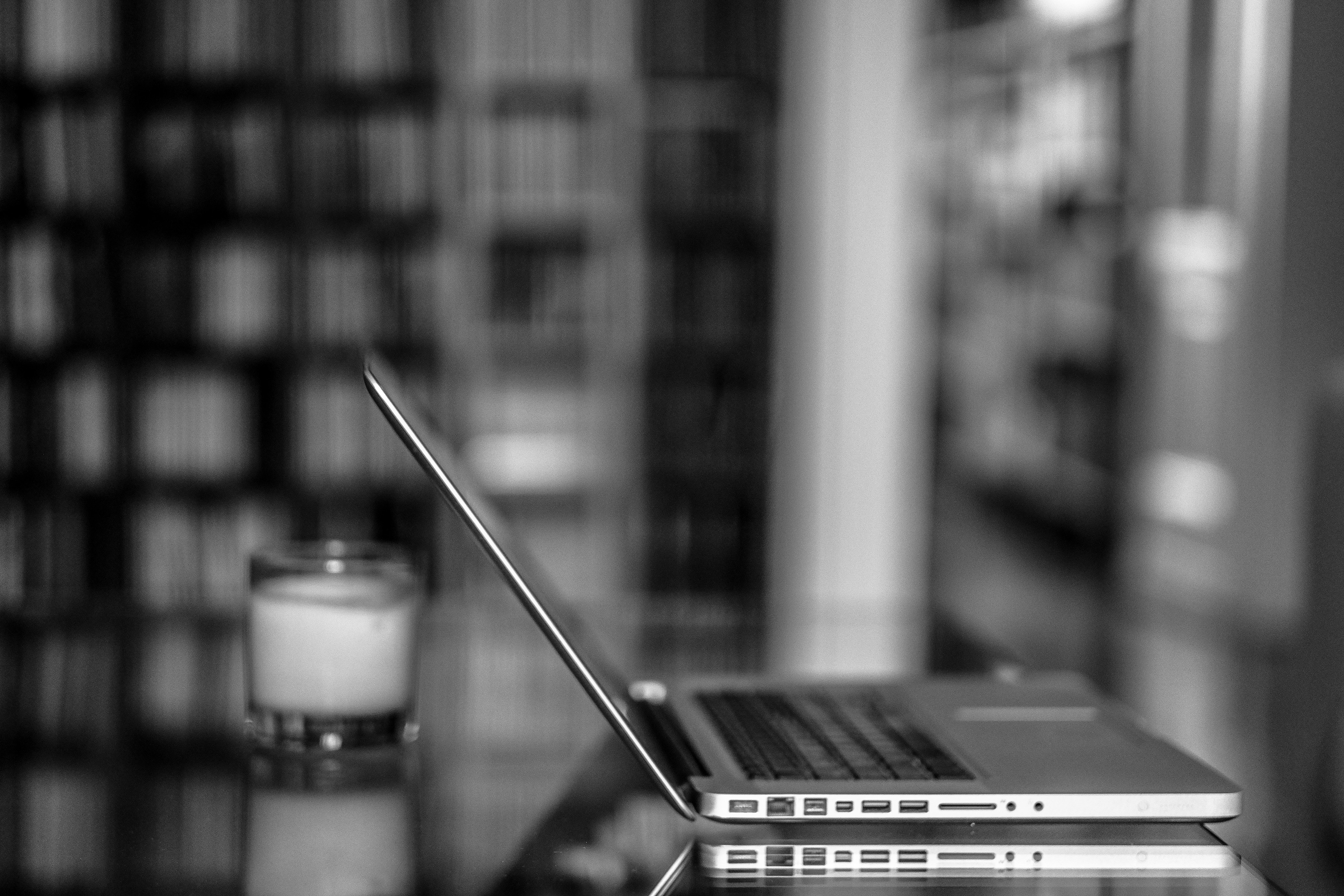Grayscaled Photo of Laptop on Glass Table, Black-and-white, Blur, Close-up, Contemporary, HQ Photo