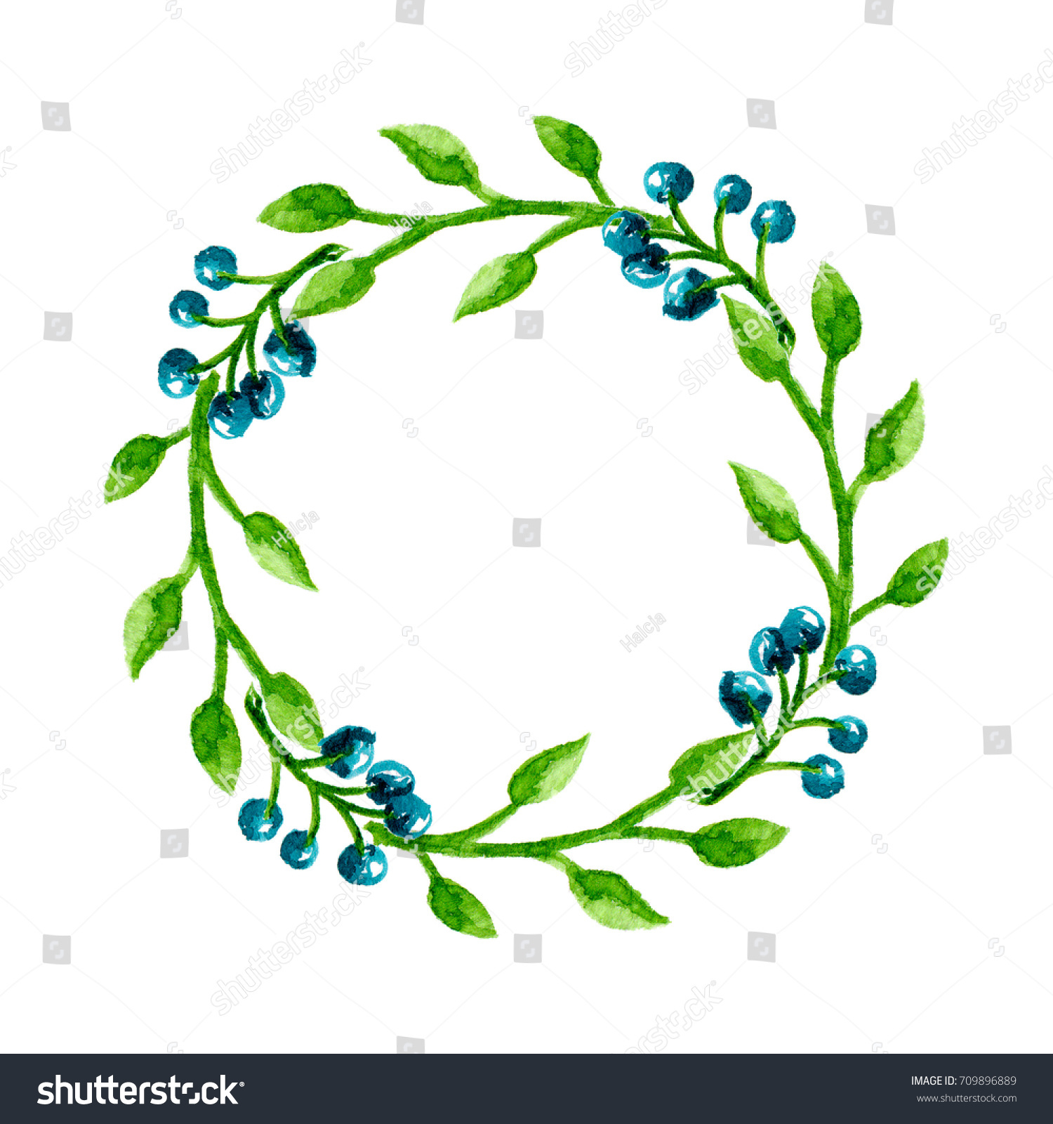 Watercolor Wreath Green Branch Blue Berries Stock Illustration ...