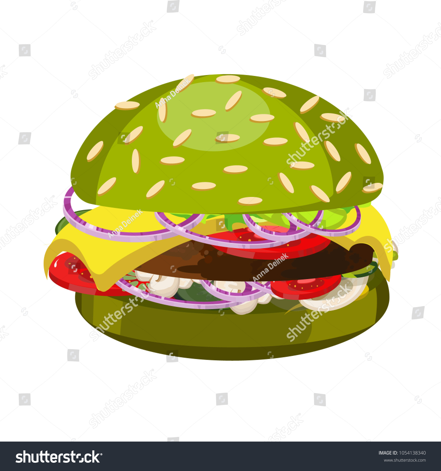 Burger Green Bun Delicious Food Fast Stock Vector 1054138340 ...