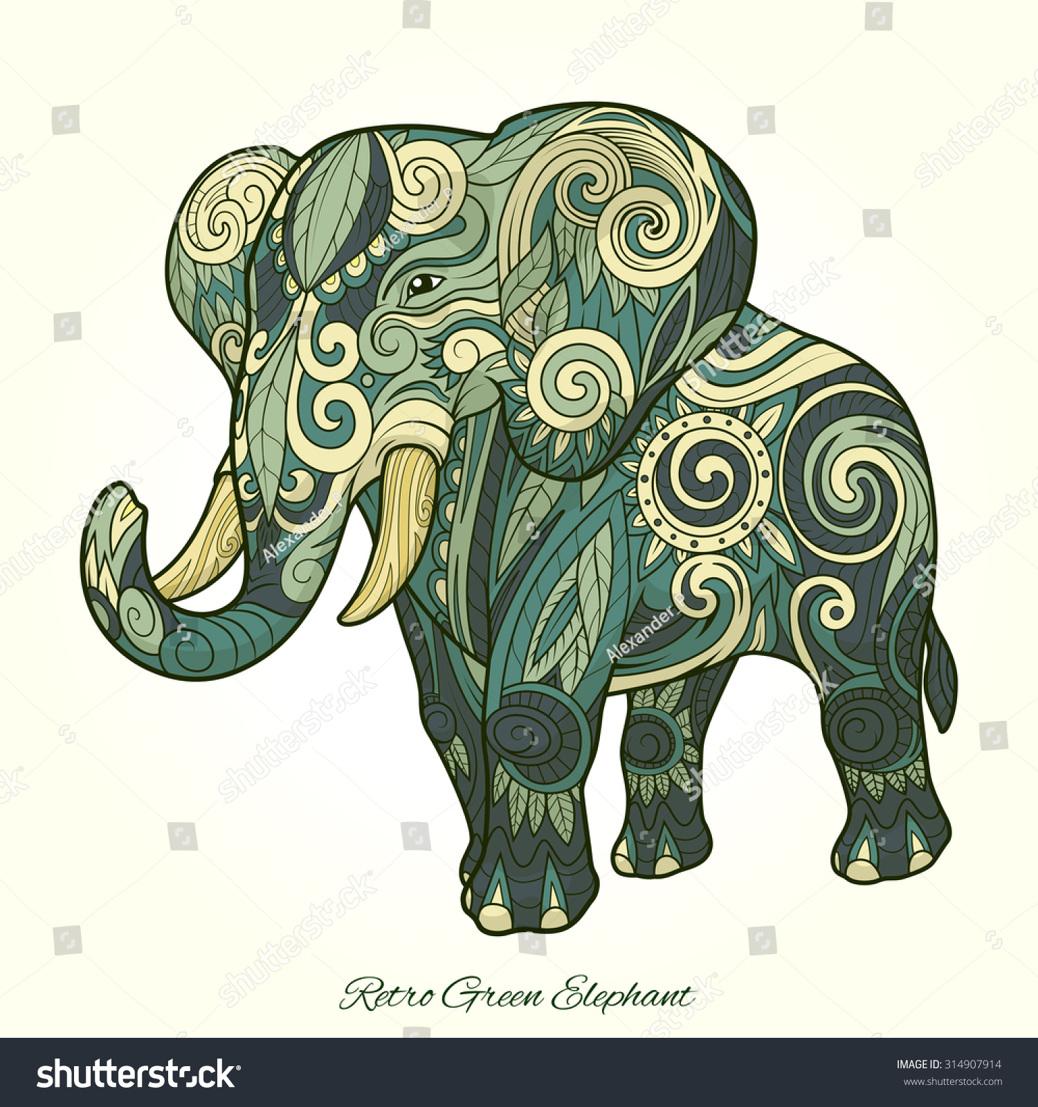 Elephant Green Ornament Ethnic Raster Version Stock Illustration ...