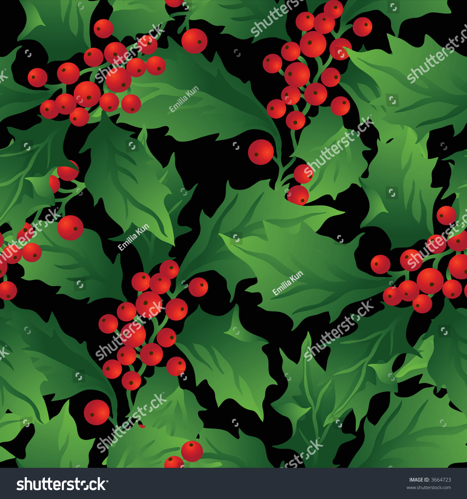 Green Holly Leaves Red Berries Repeat Stock Illustration 3664723 ...