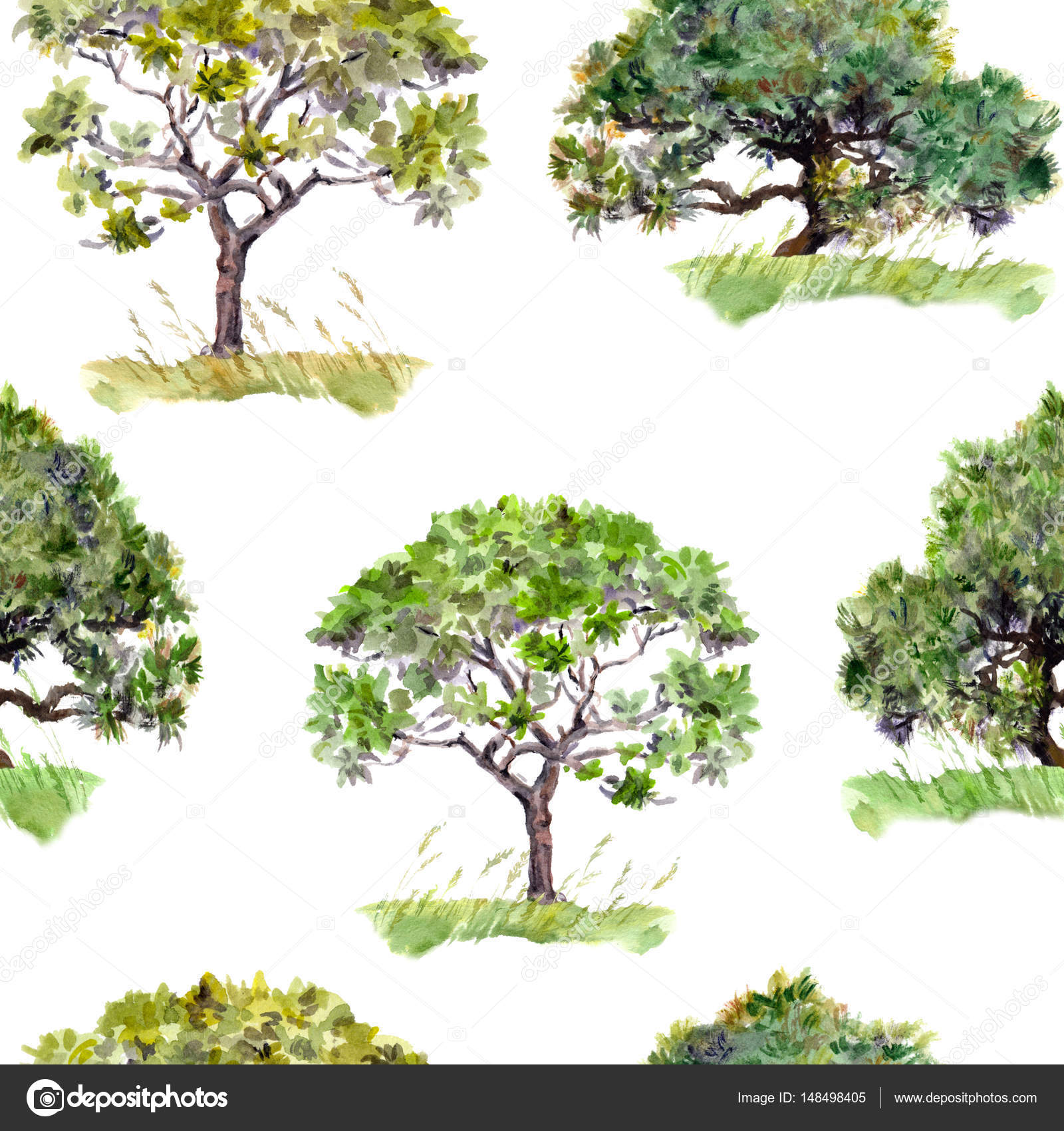 Green trees. Park, forest pattern. Seamless background. Water color ...