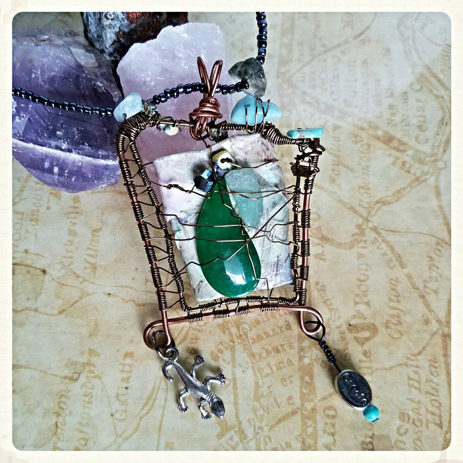 SALE Wire Woven Copper Frame Mixed Media Gemstone Pendant with ...