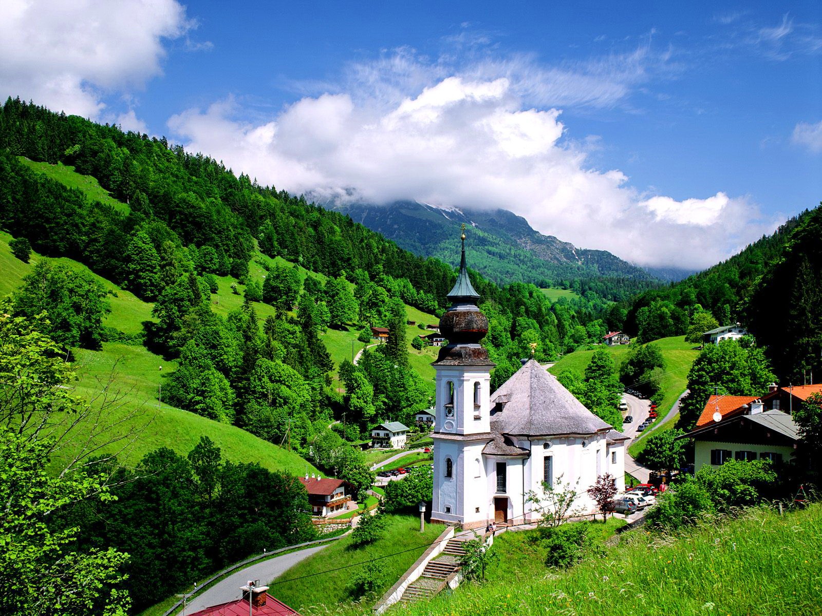 Other: Mountain Church Hills Grass Slope Bavaria Countryside Germany ...