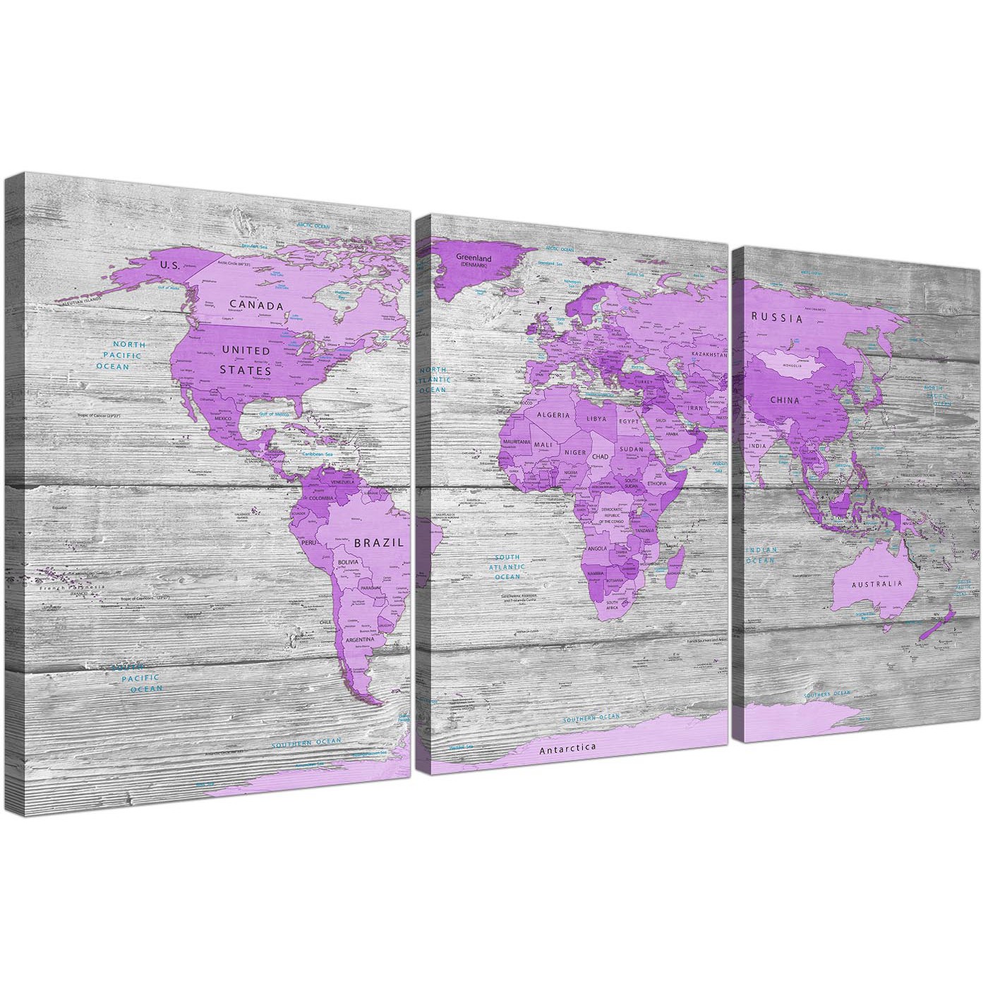 Large Purple and Grey Map of World Atlas Canvas Wall Art Print ...