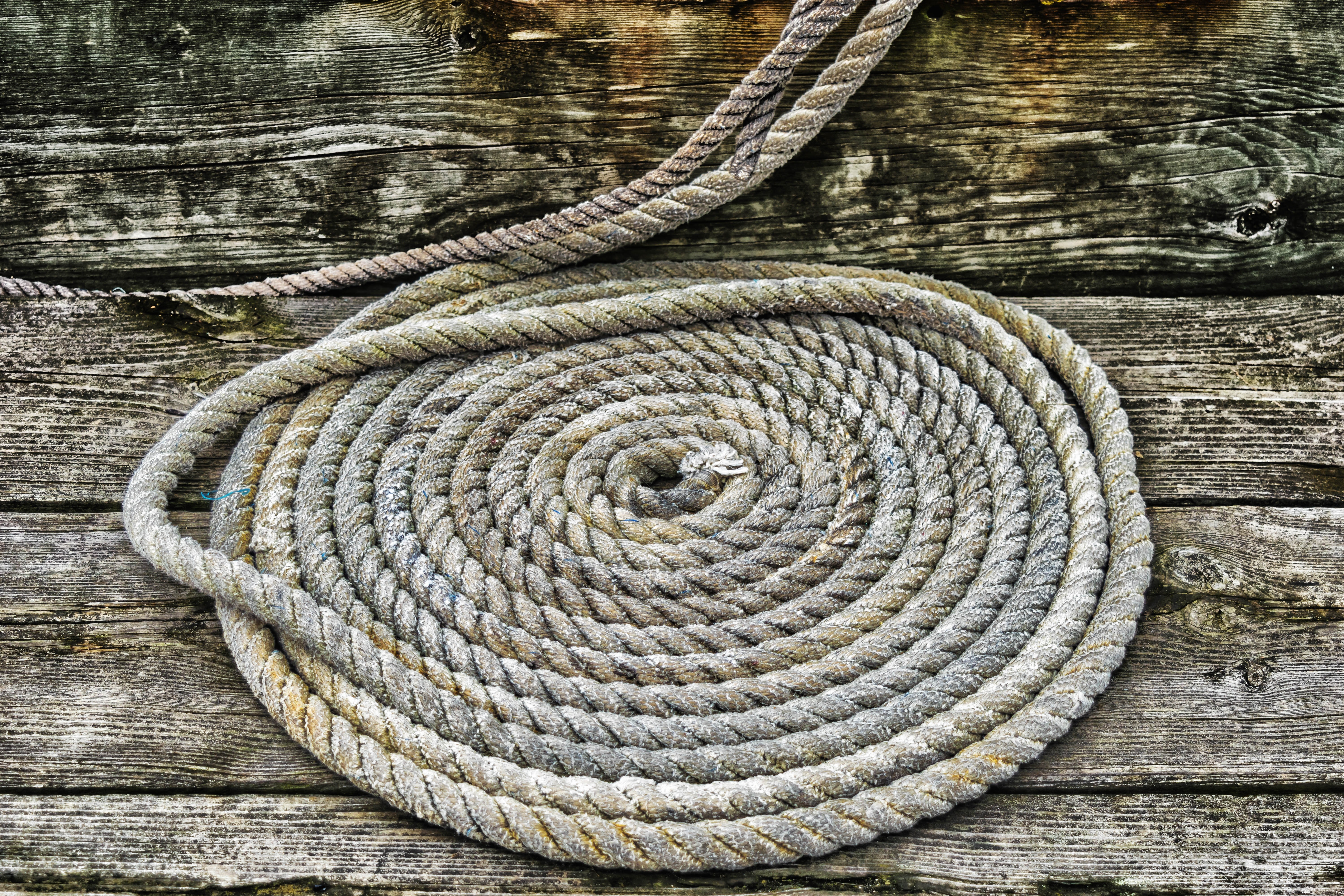 Grey braided rope on wooden plank photo
