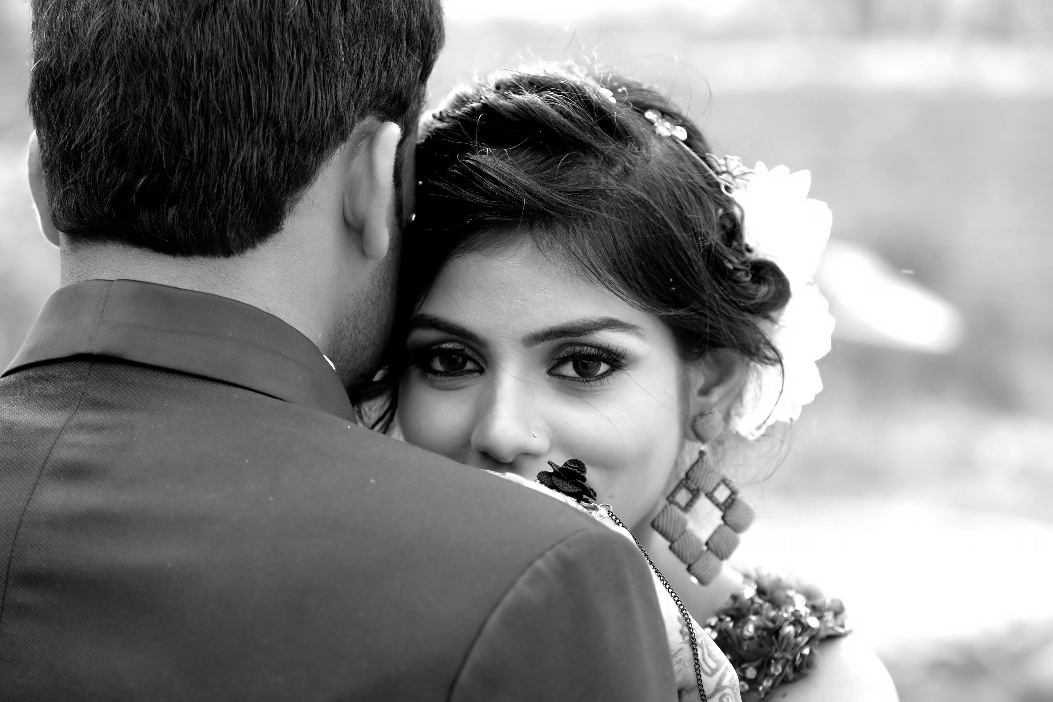 Greyscale Photo of Man and Woman, Affection, Groom, Wedding dress, Wedding, HQ Photo