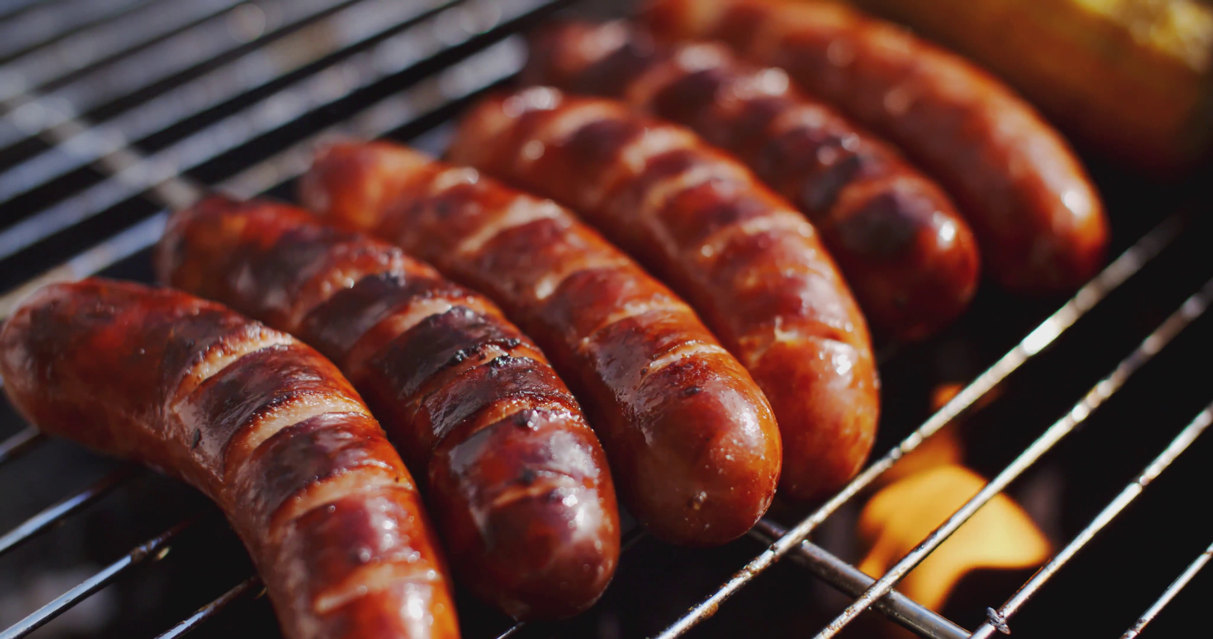 Tasty juicy sausages grilling over a fire Stock Video Footage ...