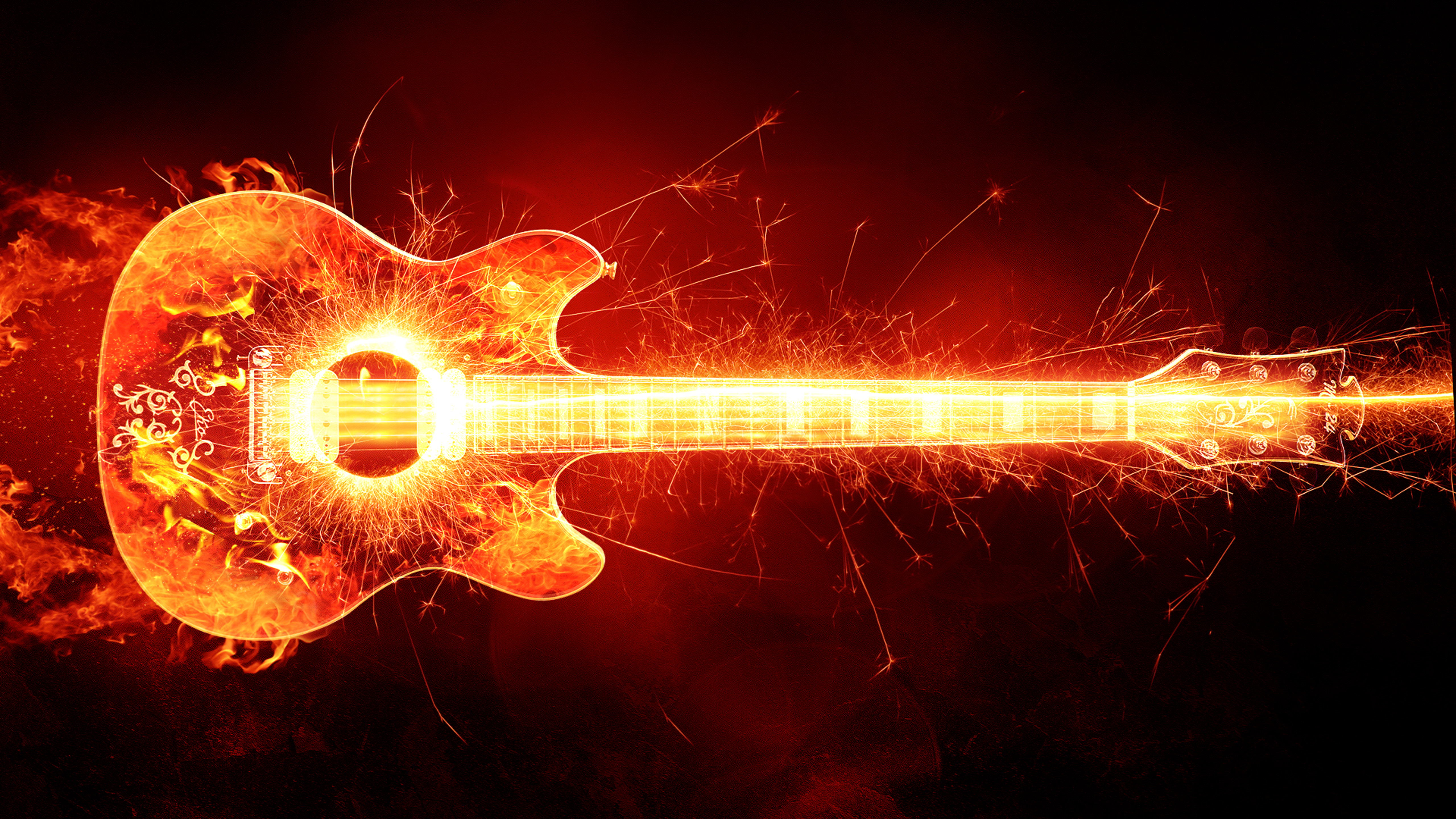Guitar in flames Wallpaper Download 5120x2880