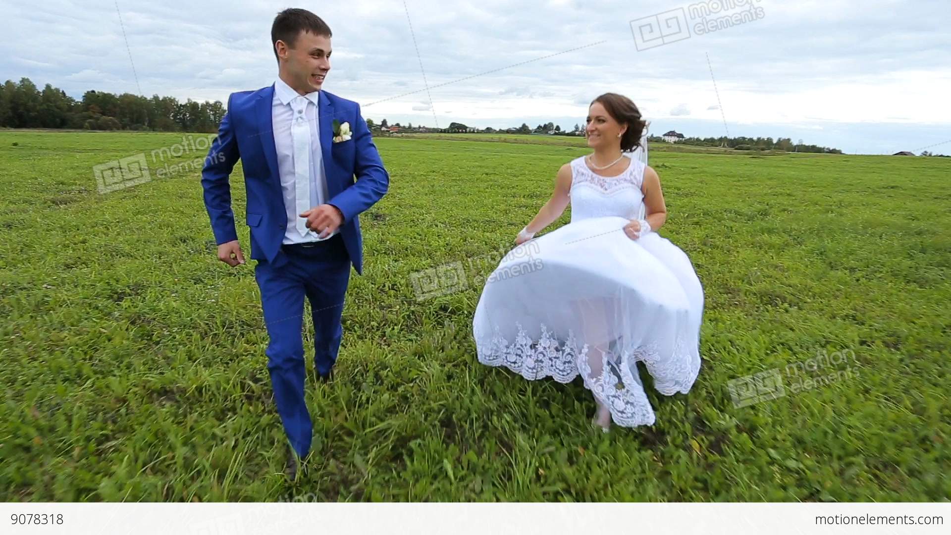 Happy,newlyweds Couple Running On A Green Meadow Field Stock video ...