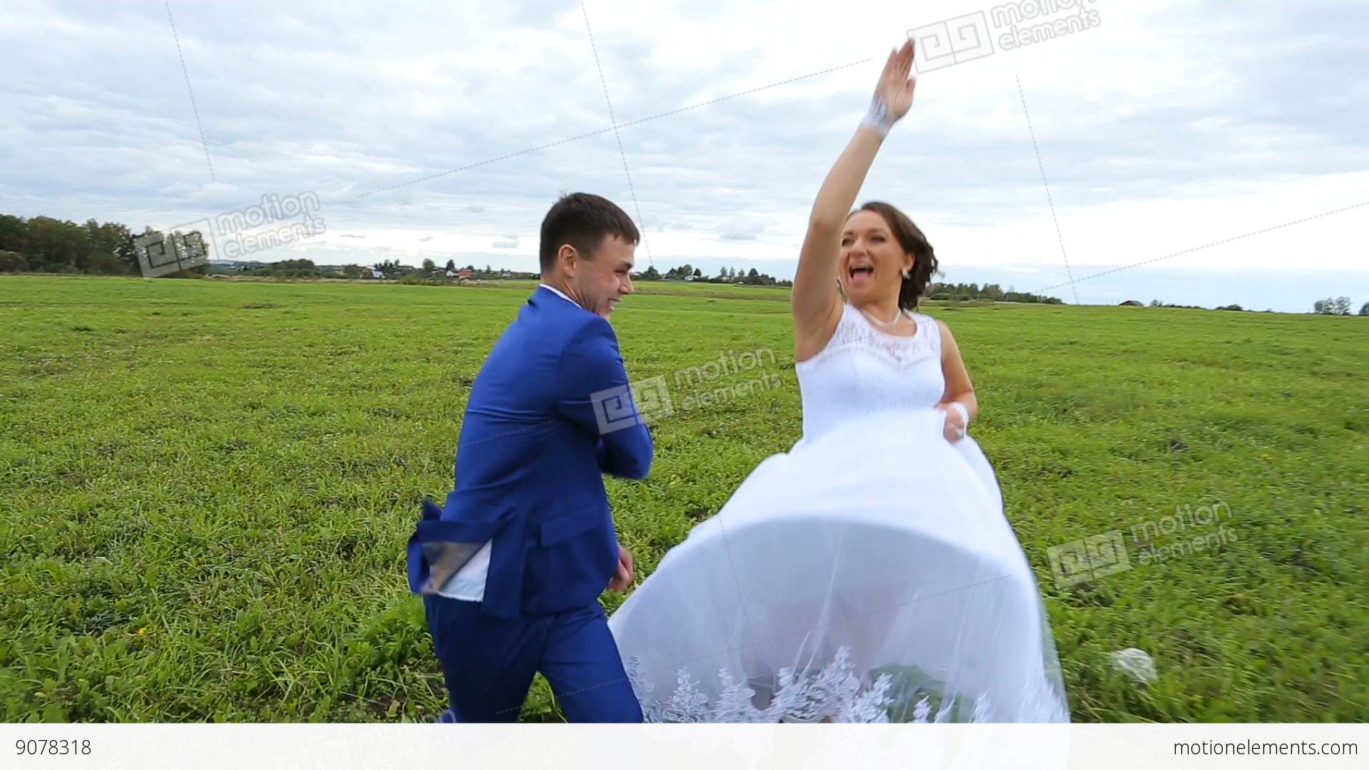 Happy,newlyweds Couple Running On A Green Meadow Field Stock video ...