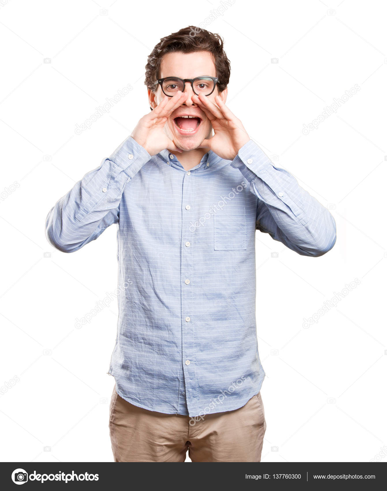 Happy young man with a relaxation gesture man shouting — Stock Photo ...