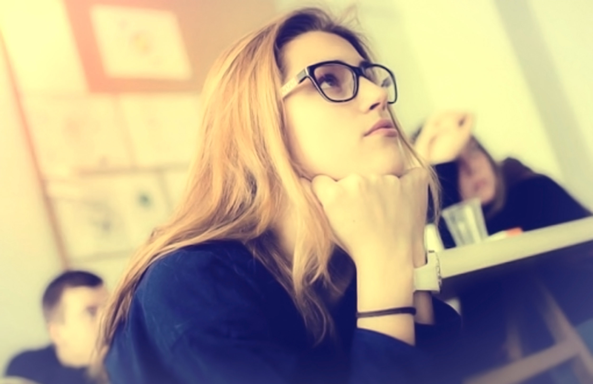 Hazy Vintage Looks - Young Woman with Glasses - Attentive - Classroom, Adult, Silence, Learning, Lecture, HQ Photo