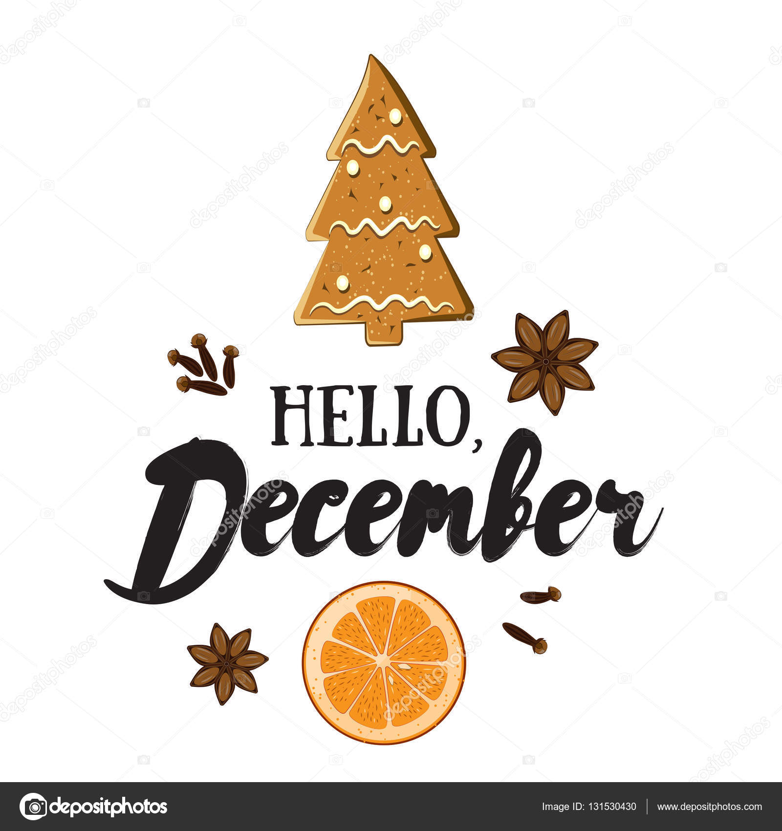 Hello, December. Holiday greeting card with ginger bisquit, orange ...
