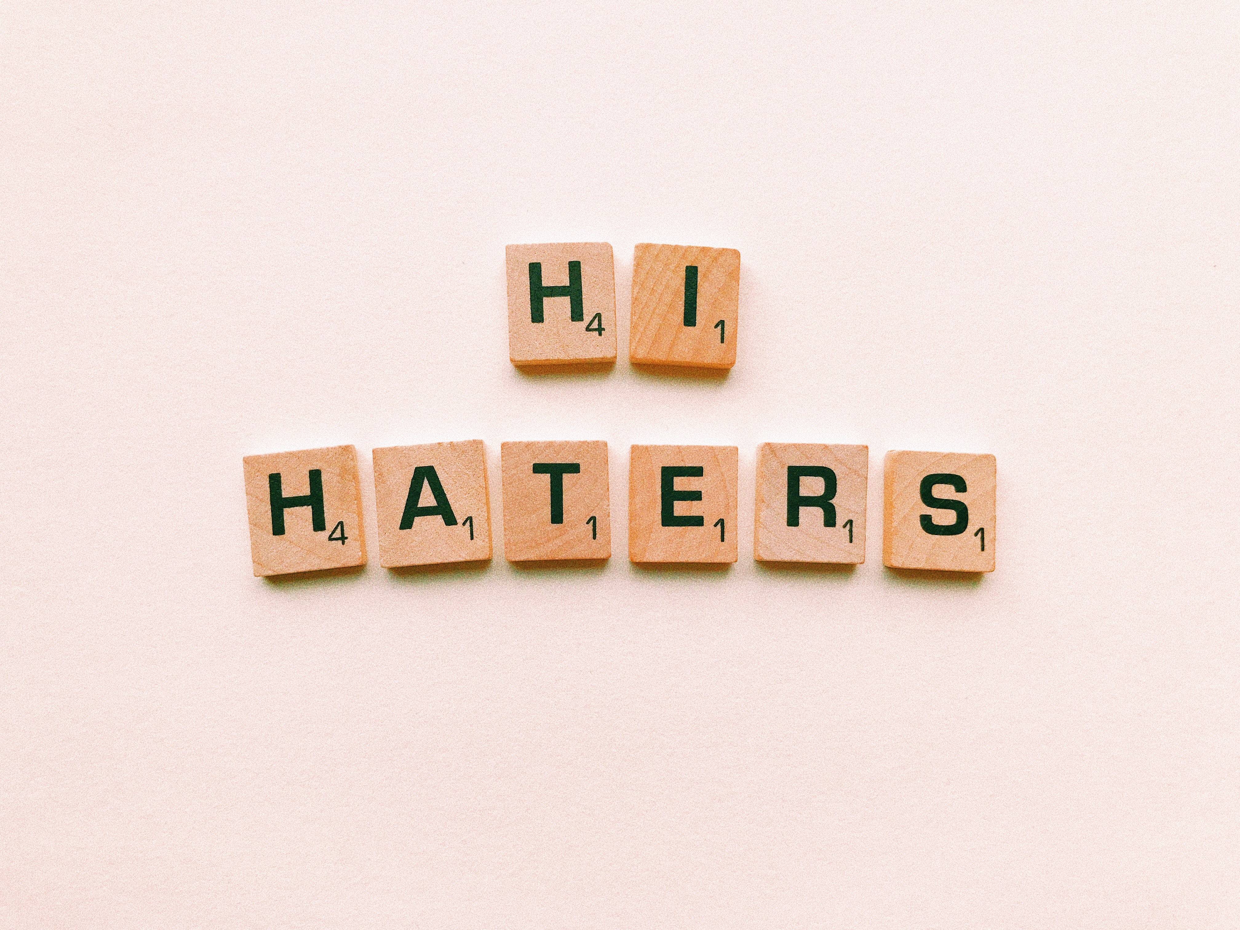 Hi Haters Scrabble Tiles on White Surface, Alphabet, Letters, Wooden, Toy, HQ Photo