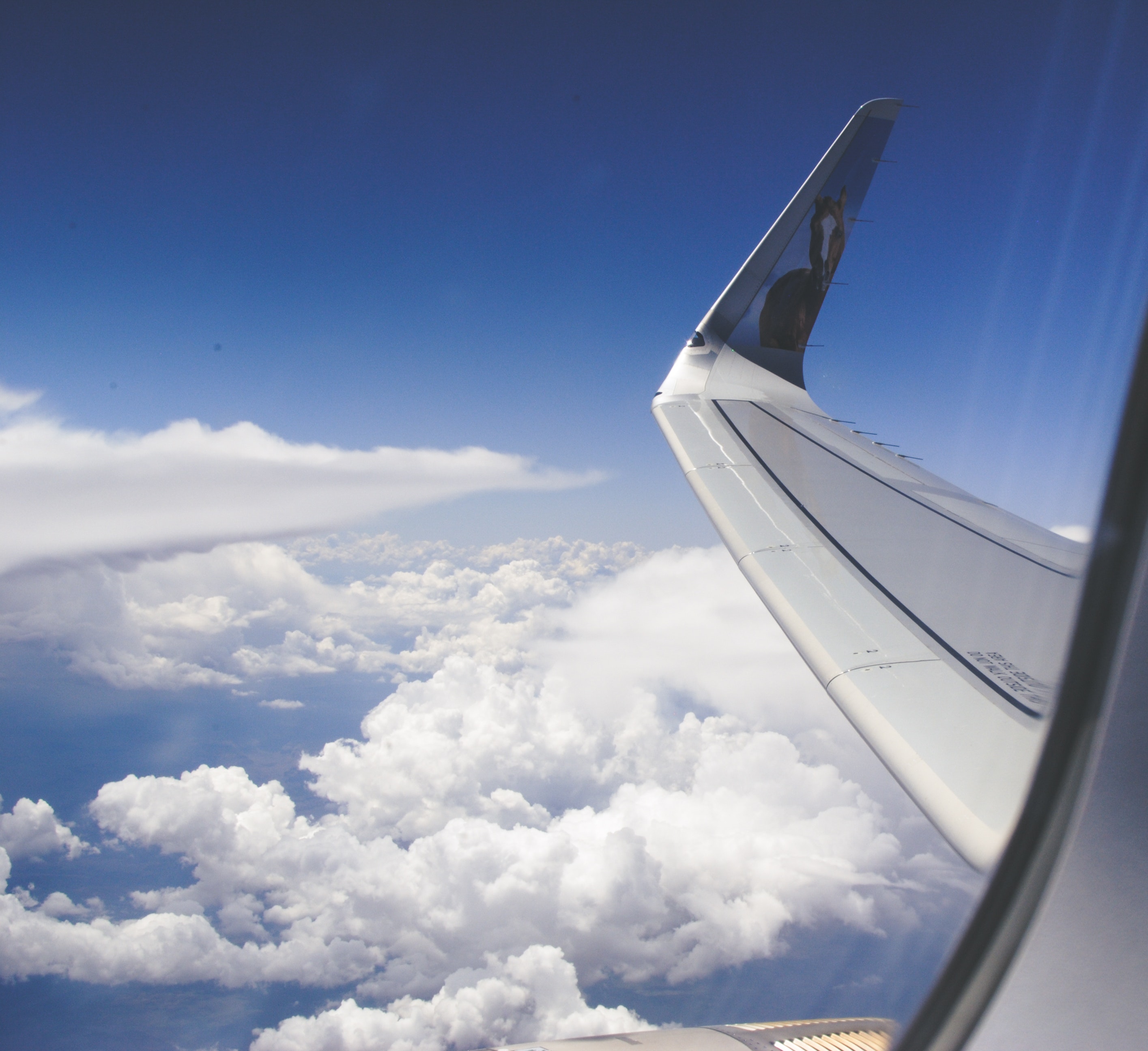 High-angle photograph of airplane wings above the clouds under clear blue sky