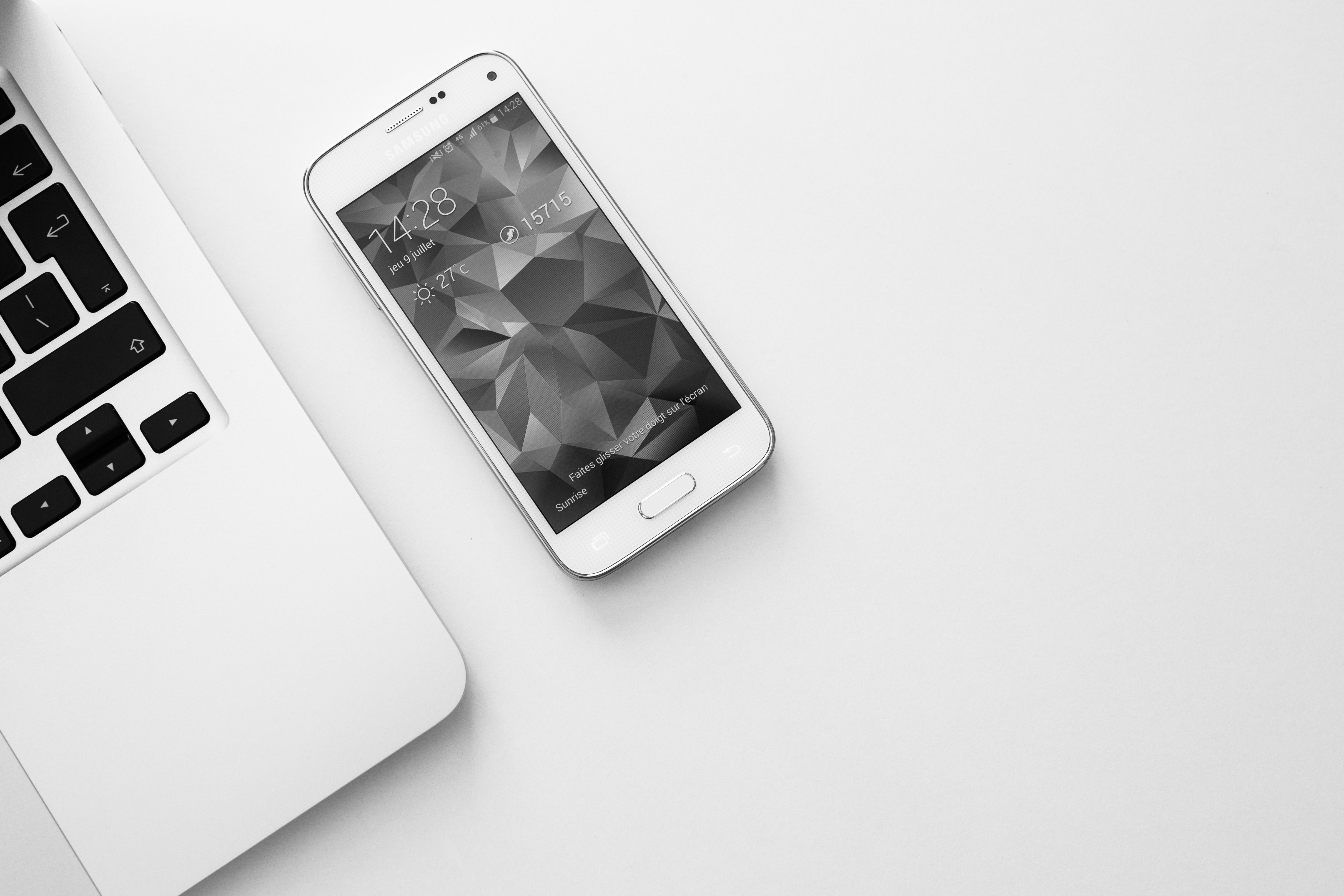High Angle Shot Of Laptop And Smartphone, Black-and-white, Laptop, Technology, Smartphone, HQ Photo