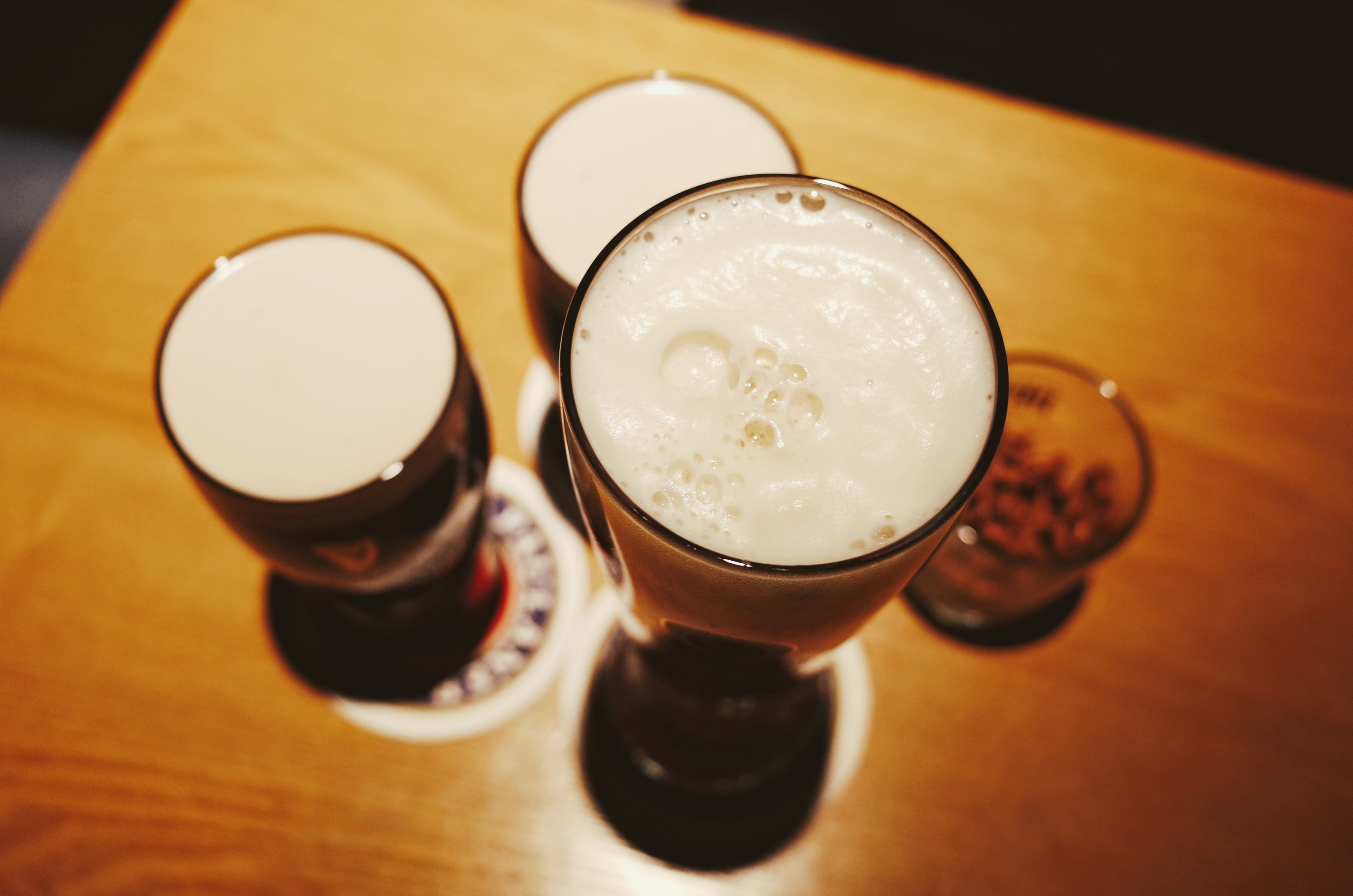 High Angle View of Drink on Table, Beer, Glass, Wood, Table, HQ Photo