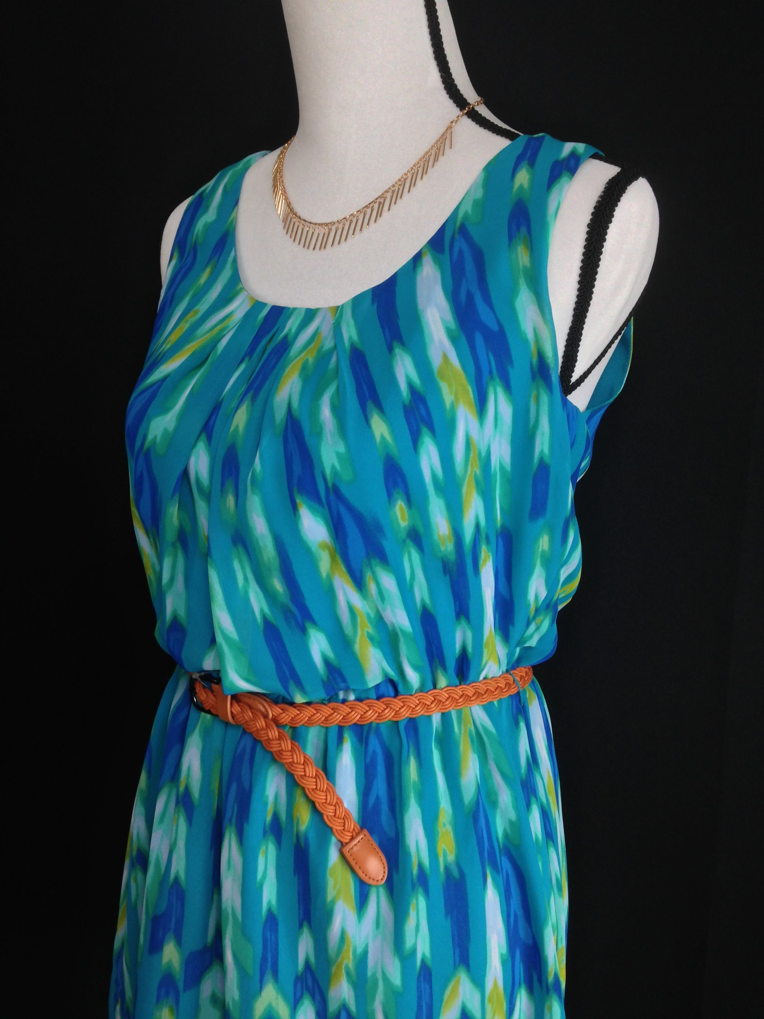 Medium (M) Blue/Green Sleeveless Watercolor Dress With A Hint Of ...