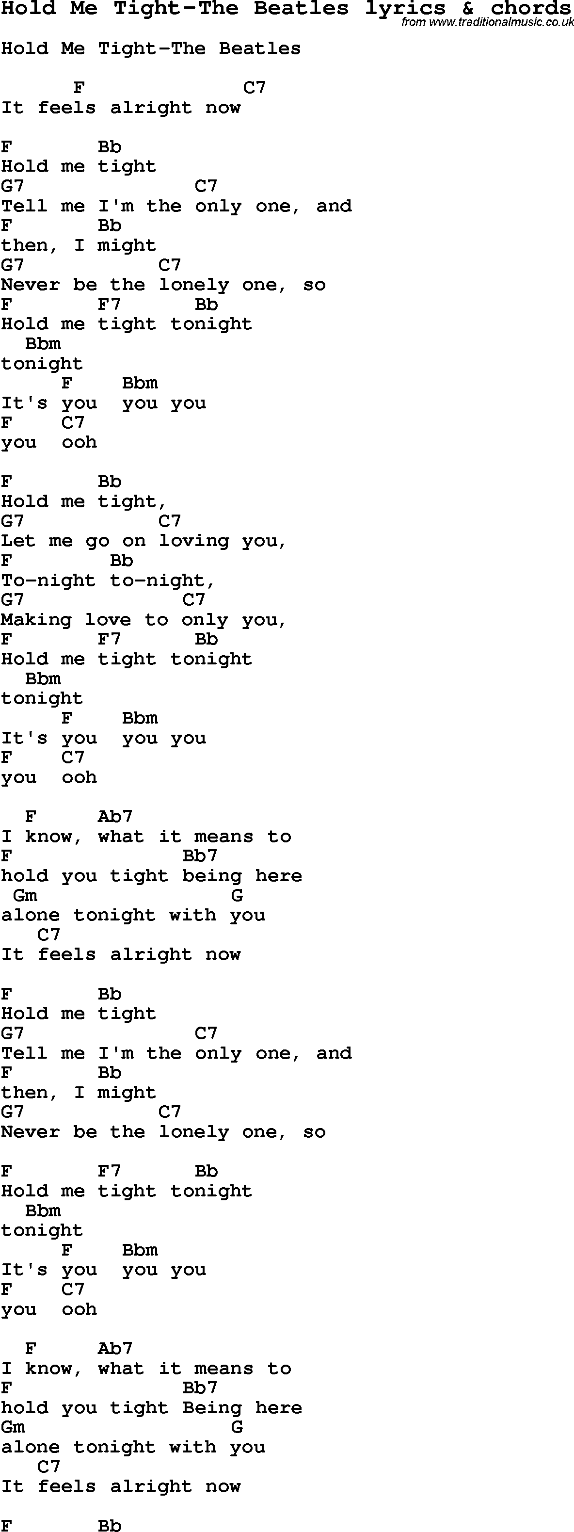 Love Song Lyrics for:Hold Me Tight-The Beatles with chords.