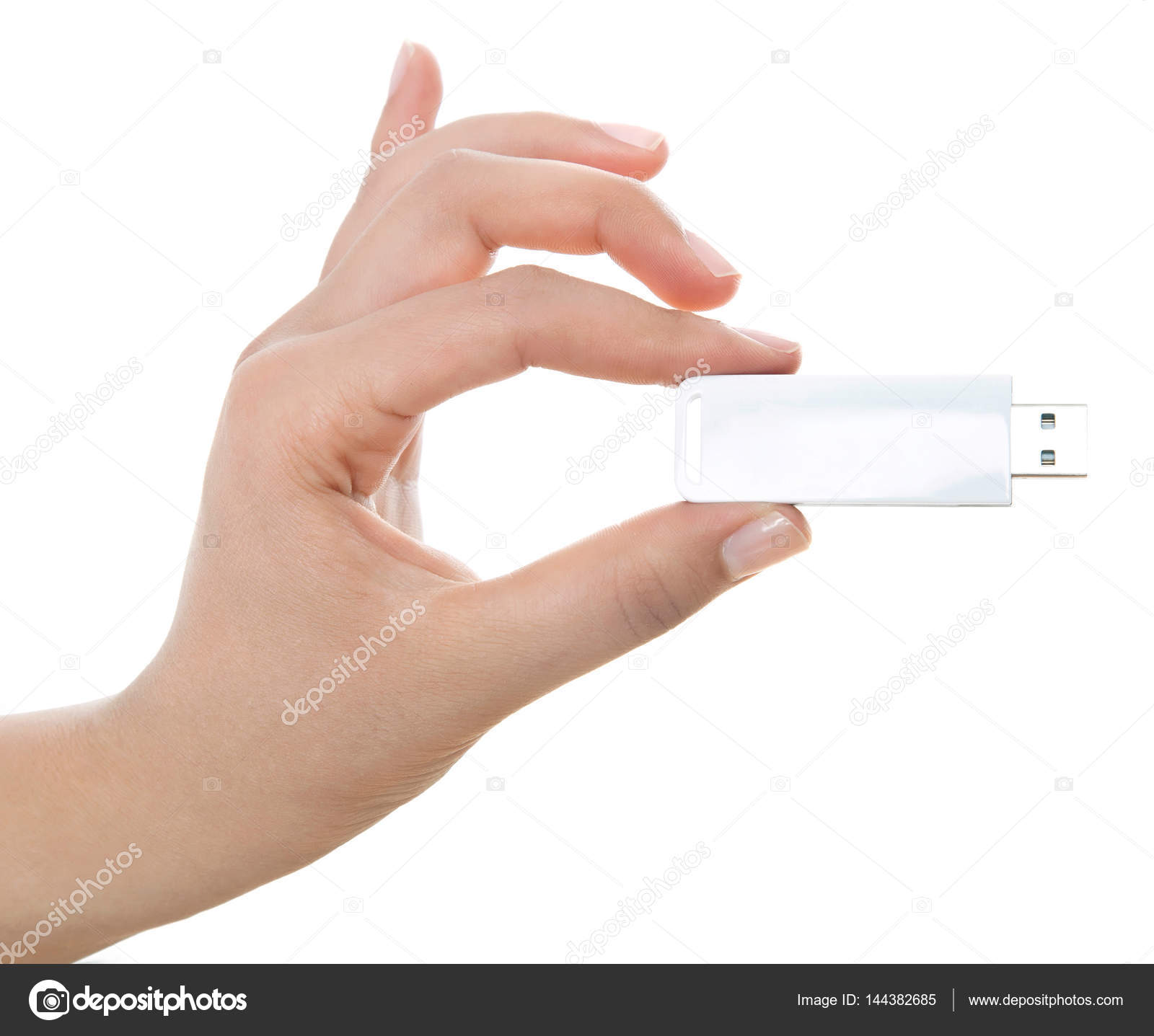 Female hand holding usb stick isolated on white — Stock Photo ...