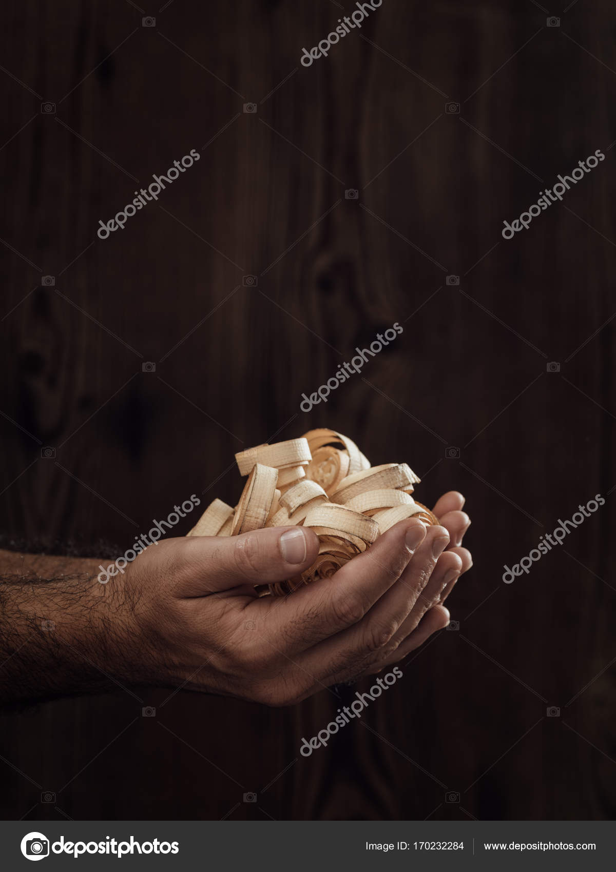 Carpenter holding wood shavings — Stock Photo © stokkete #170232284