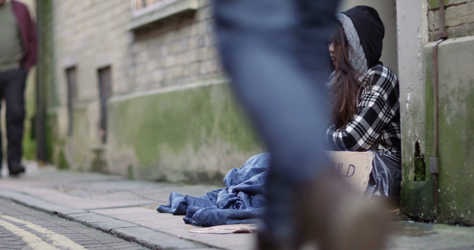 4k, A young homeless woman begging for small change. Slow motion ...