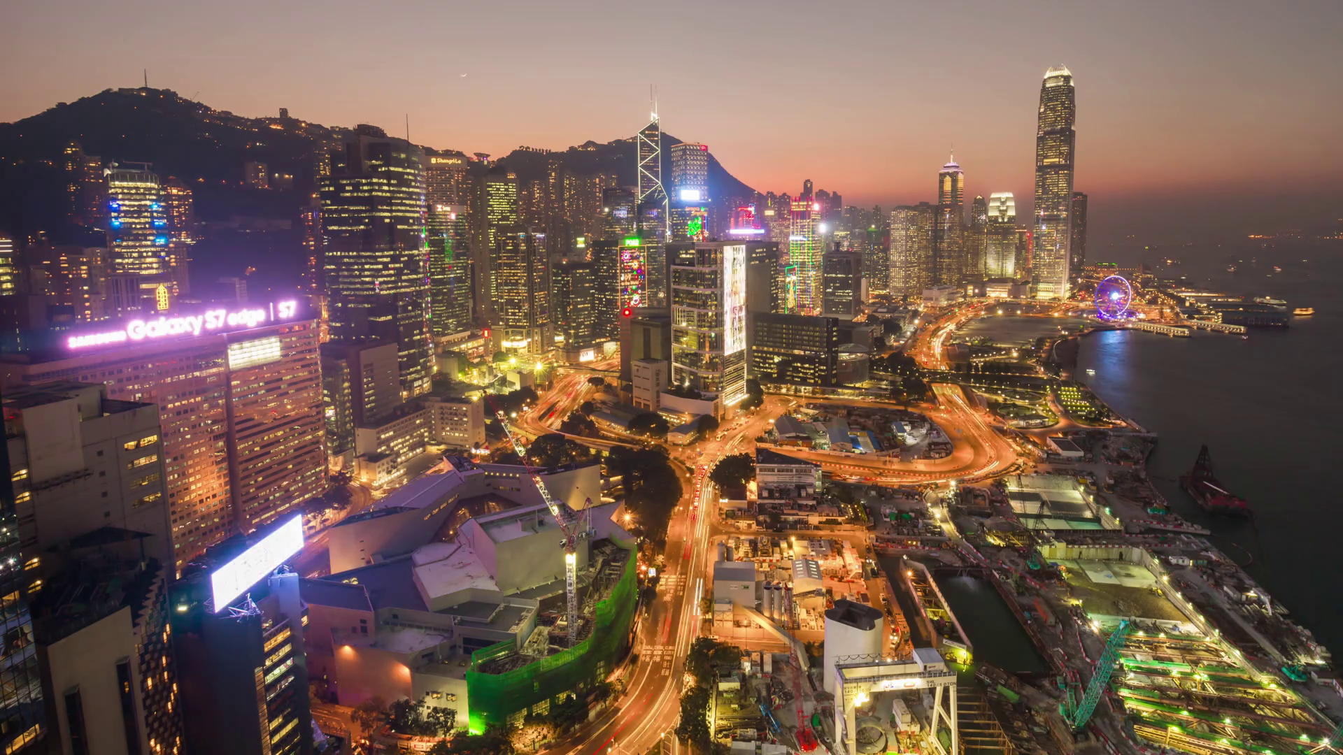 sunset night light hong kong city rooftop traffic bay panorama 4k ...
