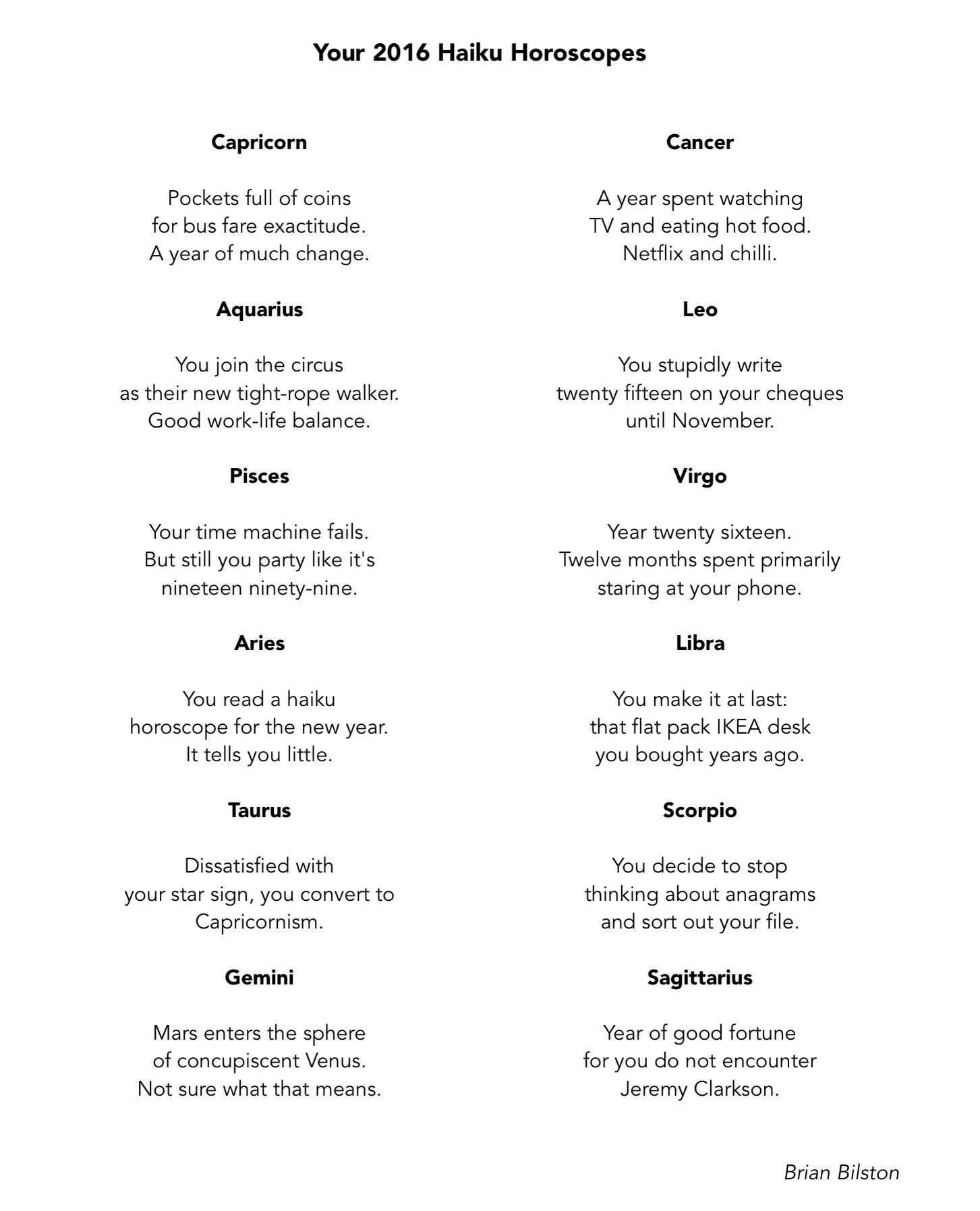 horoscope | Brian Bilston's Poetry Laboetry