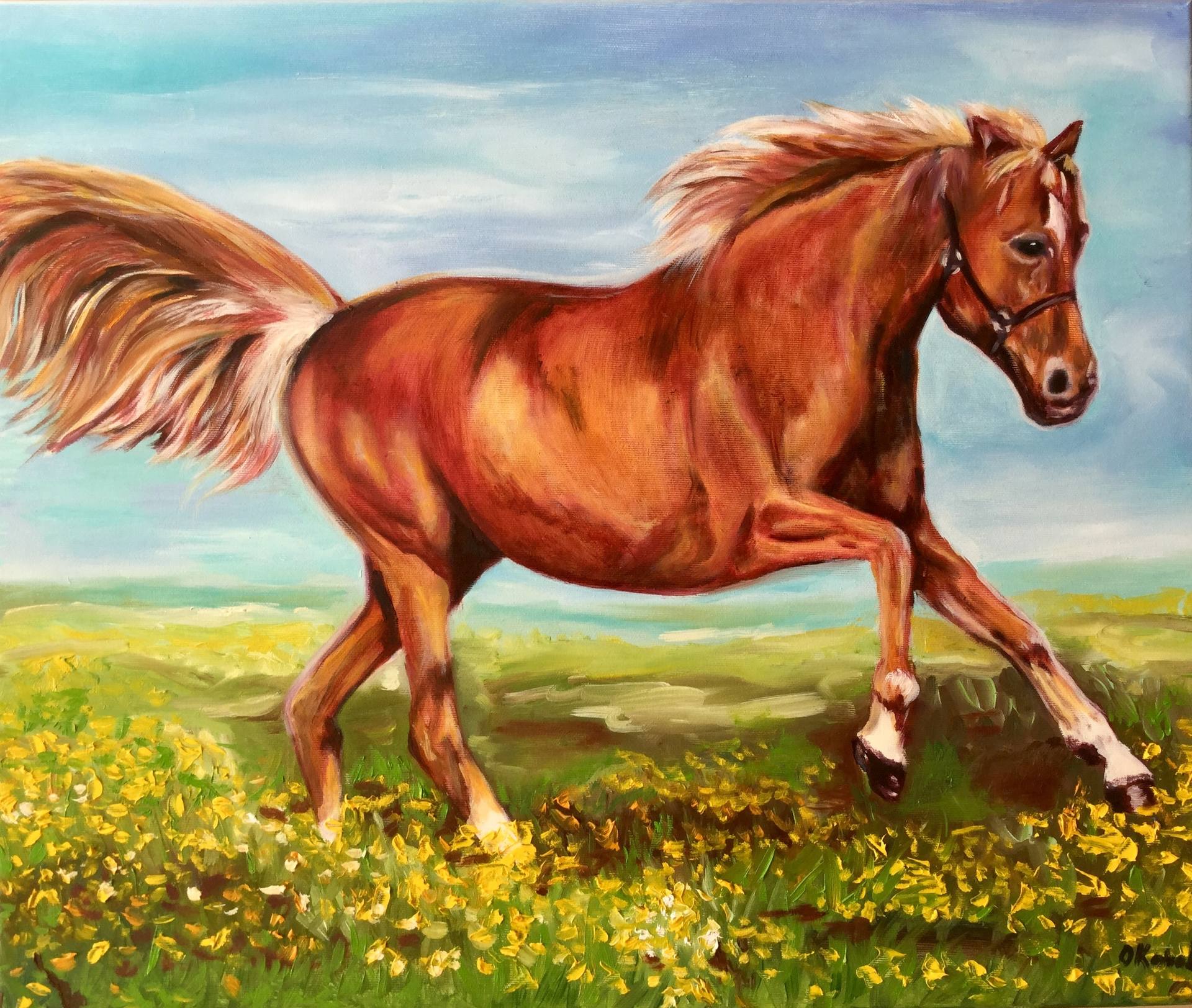 Пейзаж с лошадью нарисованная