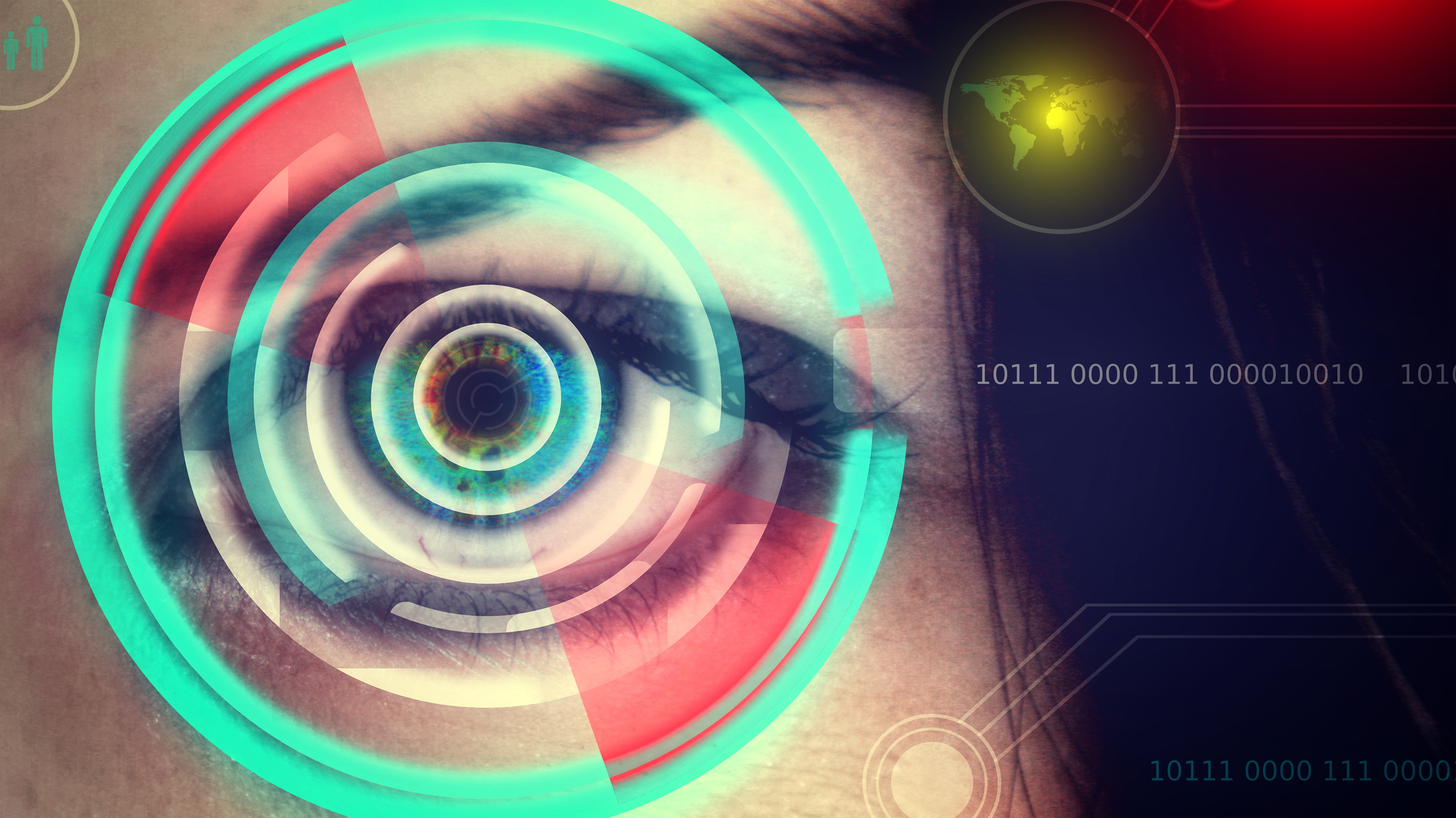 Human eye being scanned on virtual screen - biometrics concept photo