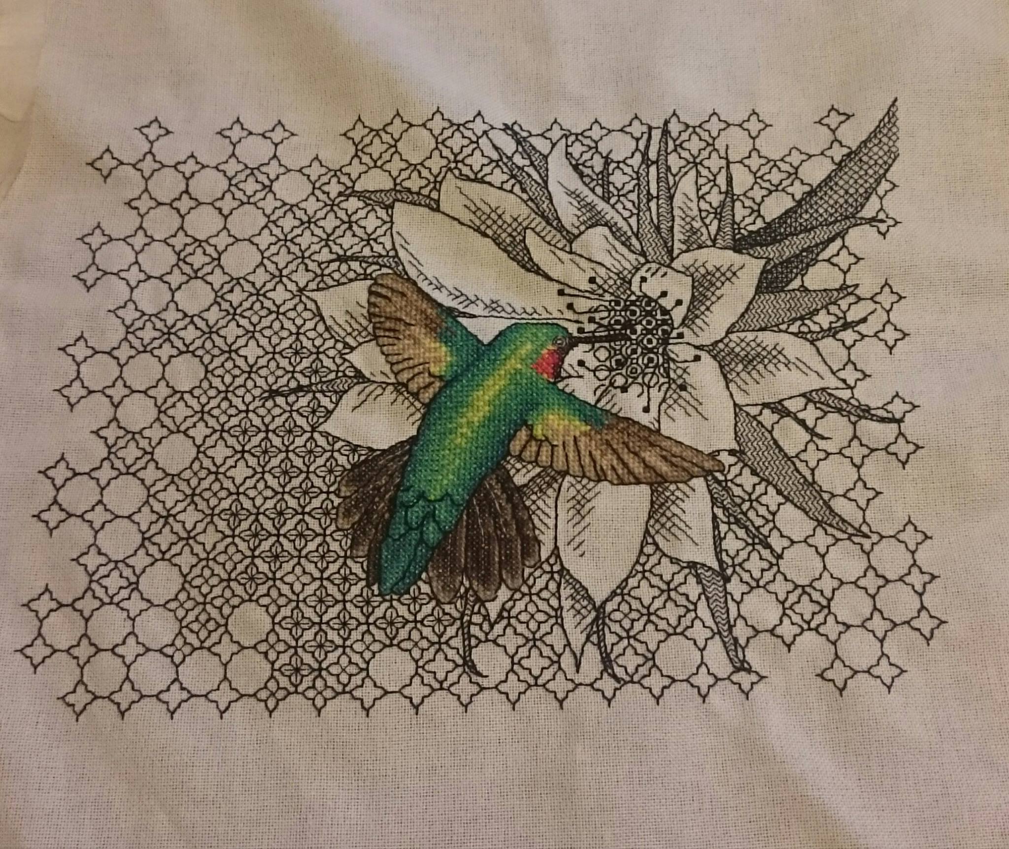 FO] Hummingbird Cross Stitch with Blackwork Flower and background ...
