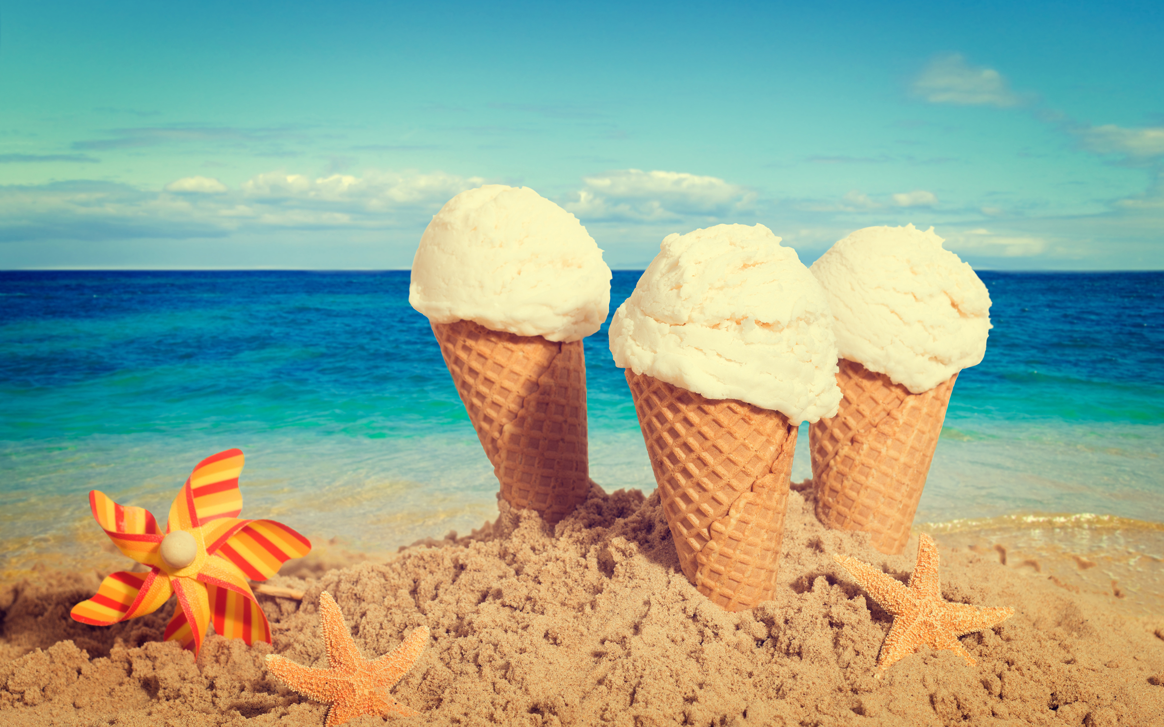 Wallpaper Starfish Beach Sea Ice cream Sky Sand Food 3840x2400