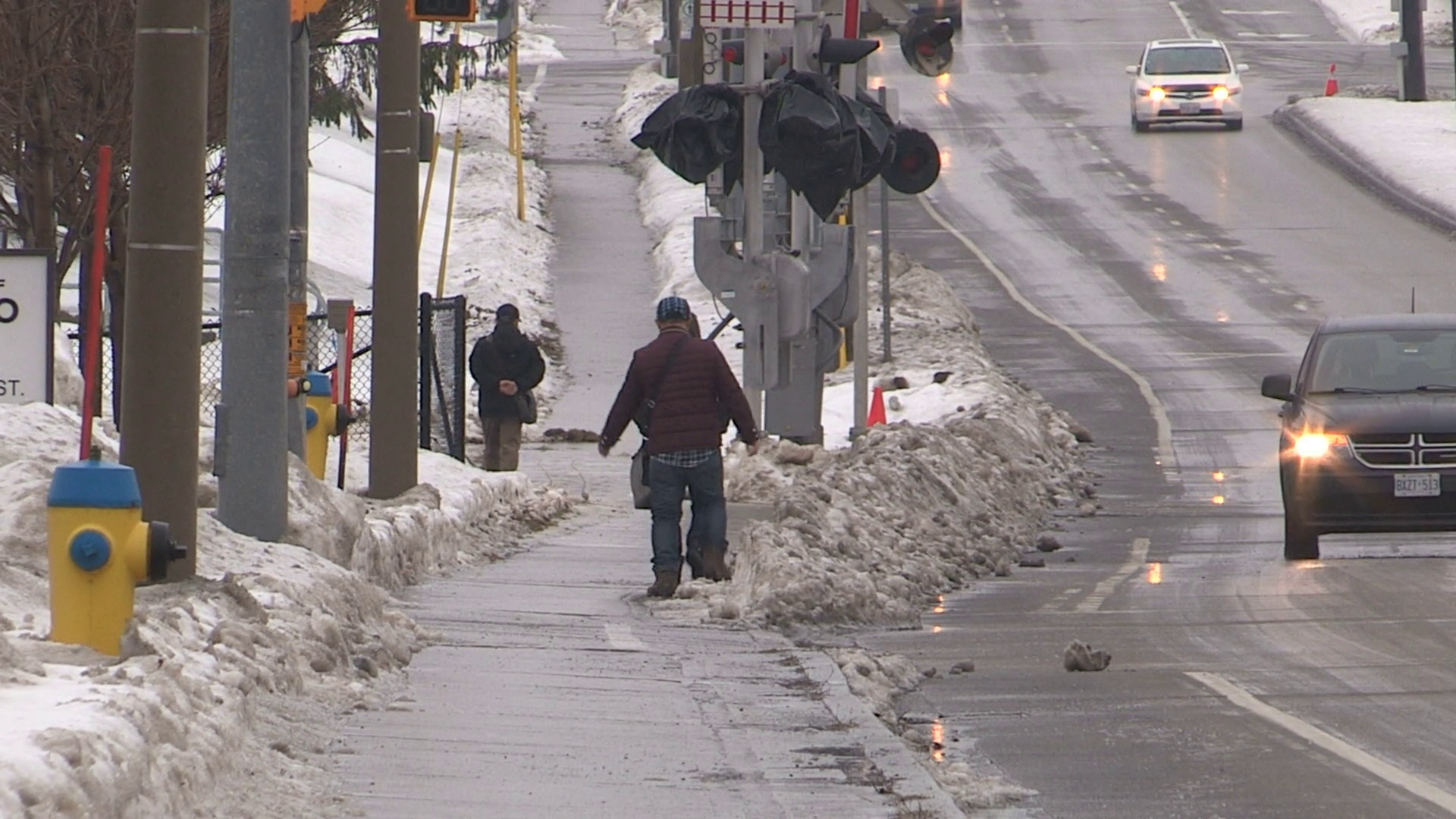 Ice covered city sidewalks after freezing rain storm Stock Video ...