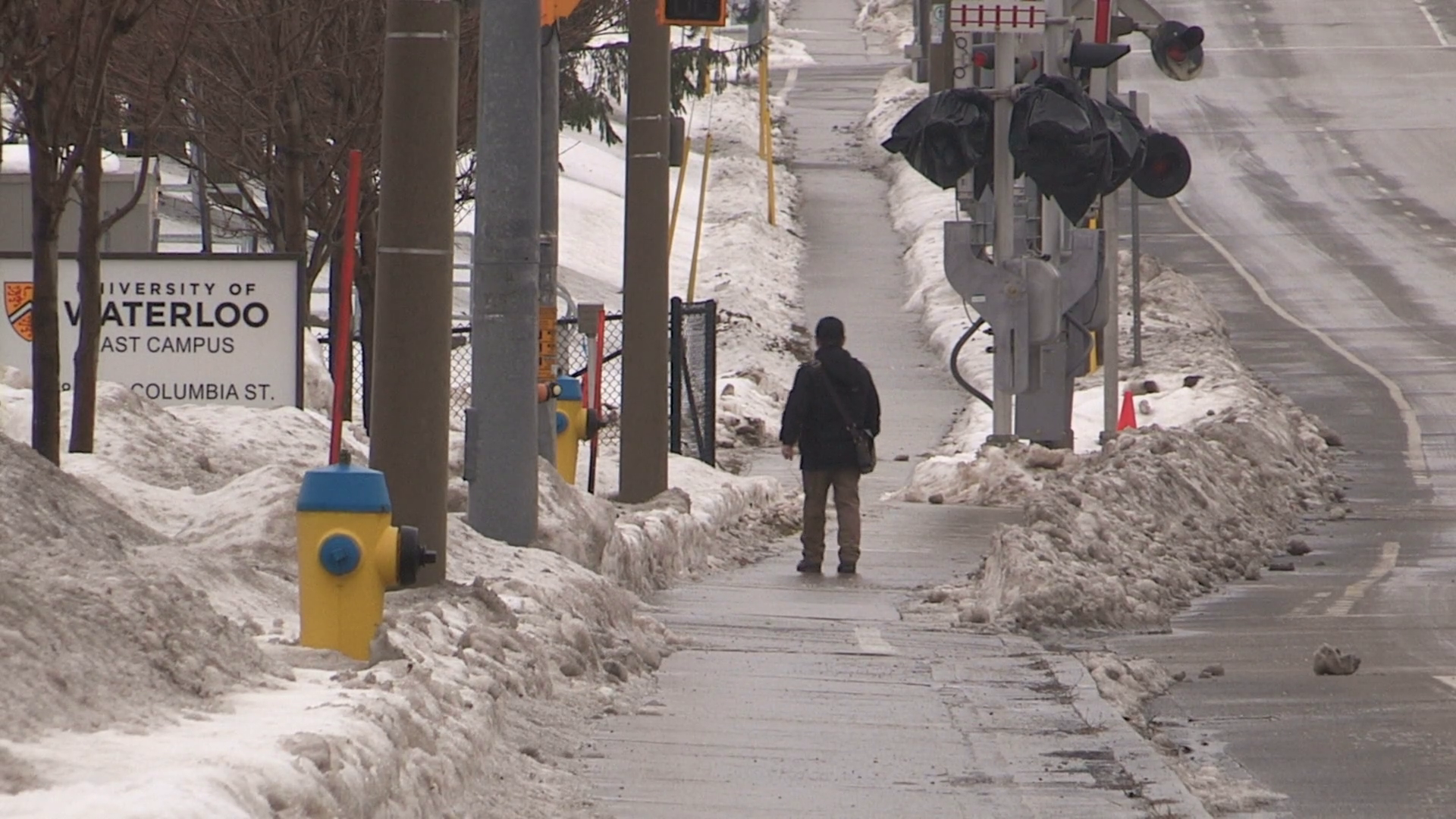 Ice covered city sidewalks after freezing rain storm Stock Video ...