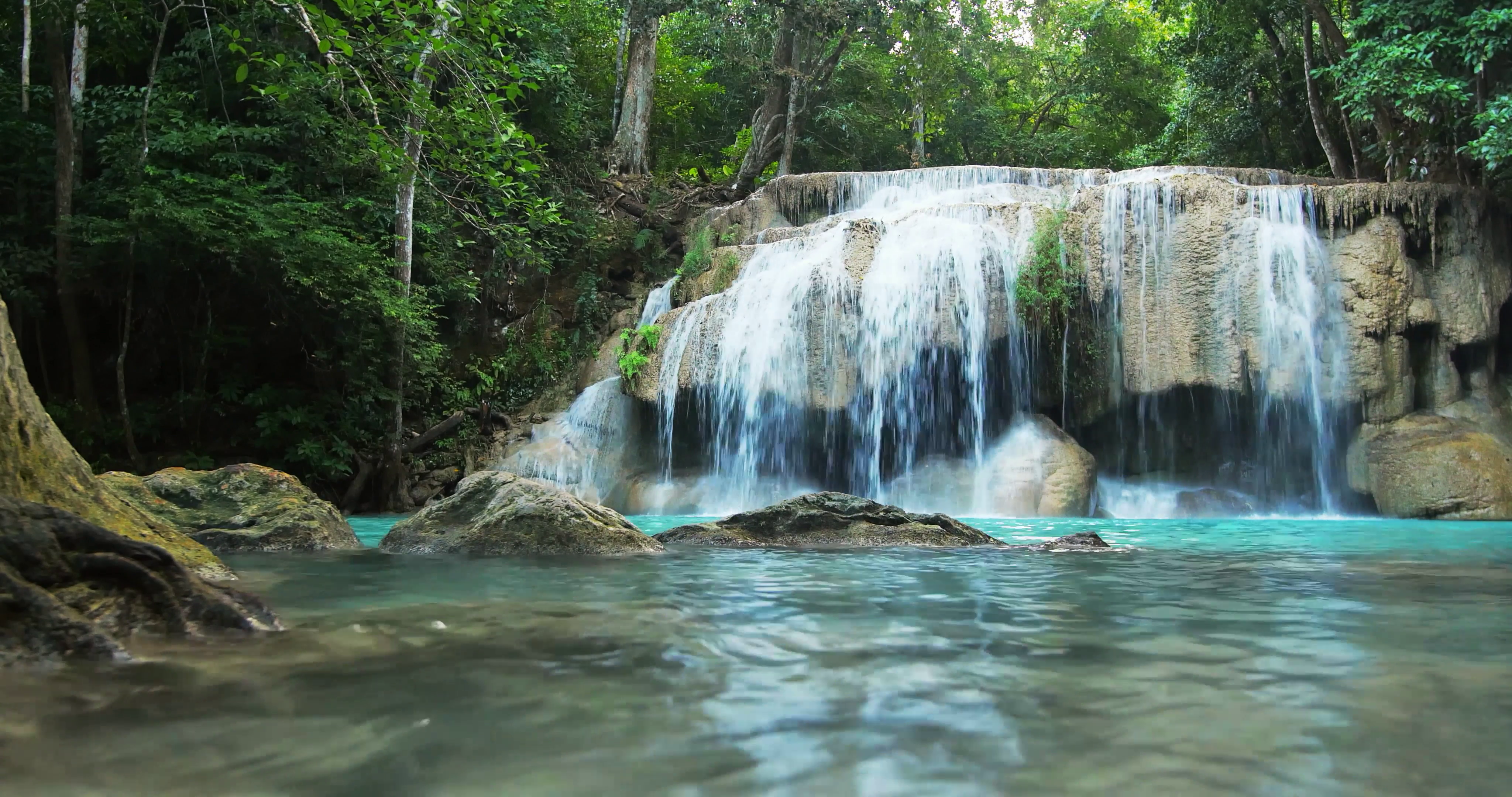 idyllic waterfall and serene environment of wild tropical forest in ...