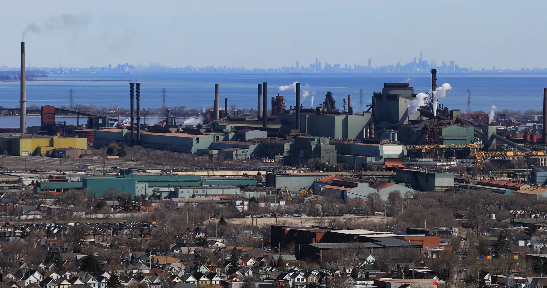 4K UltraHD Hamilton industrial area with Toronto skyline in ...