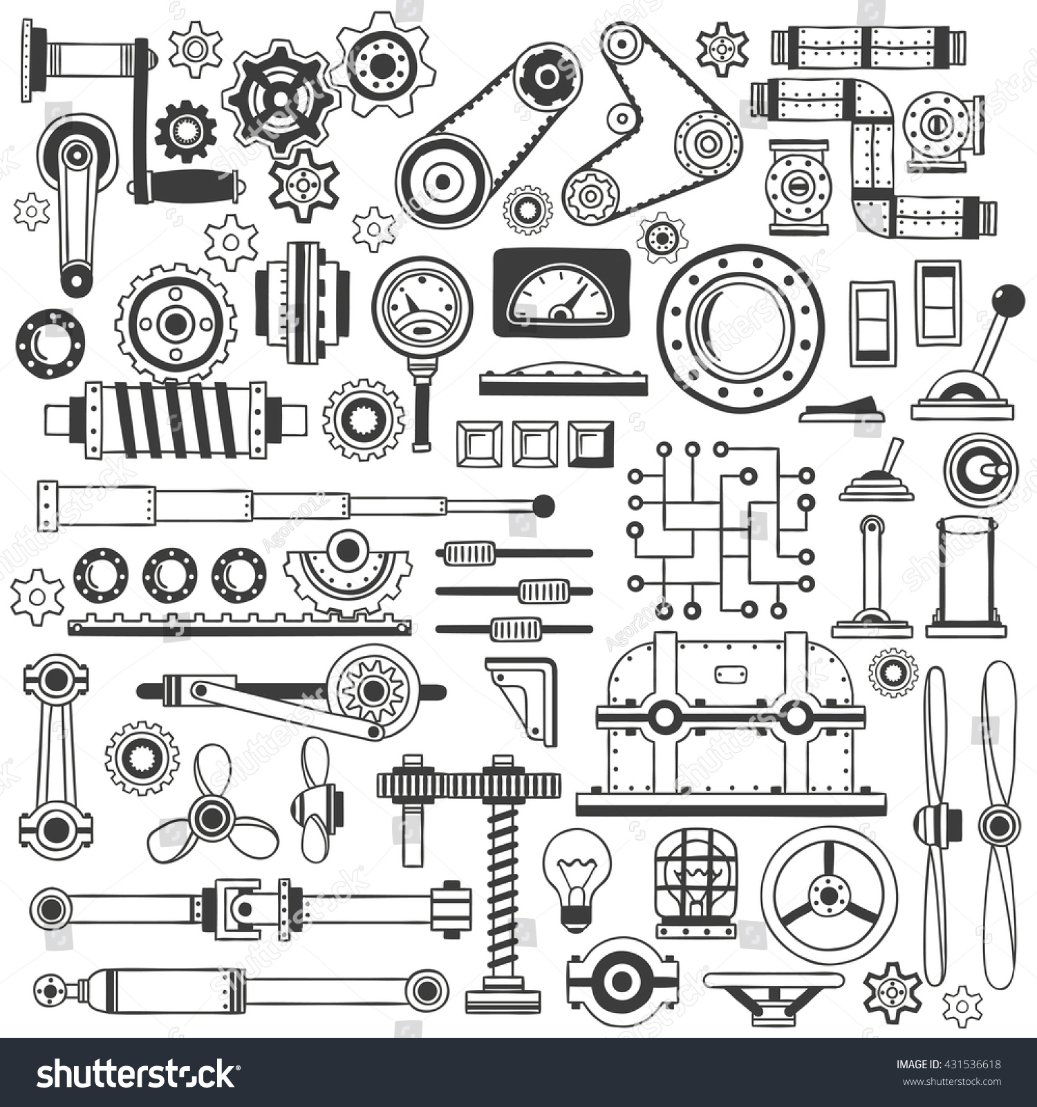 Set Industrial Machine Parts Doodle Style Stock-Vektorgrafik ...