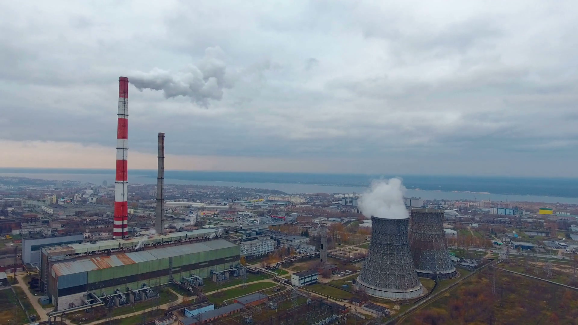 Heavy industry area, industrial zone. Aerial bird eye view. Smoke ...