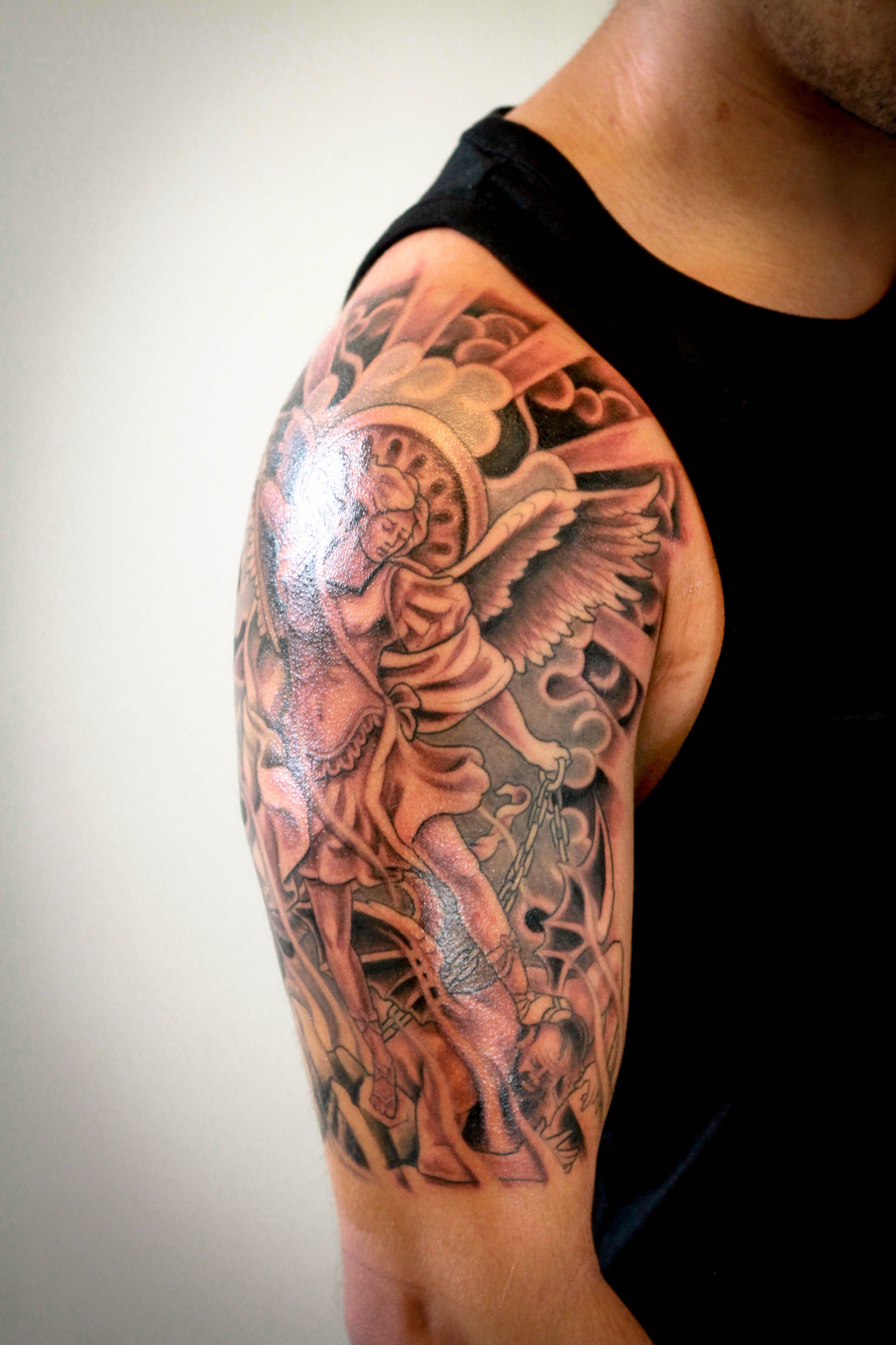 Tattoos, Halfsleeve tattoo, Black and gray tattoo, St Michael Arch ...