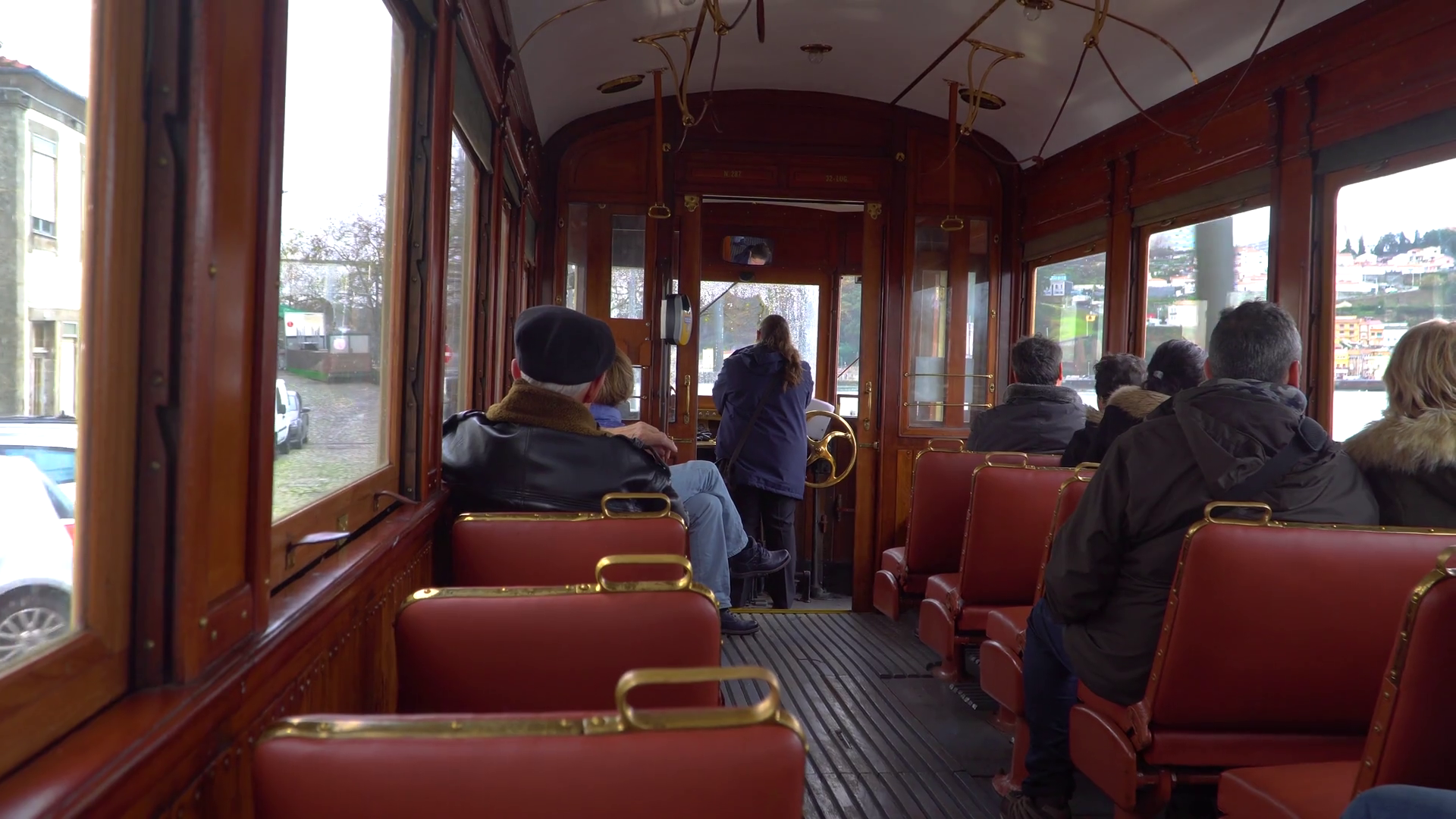 Porto, Portugal, circa 2018: Interior of an old tram, passing ...