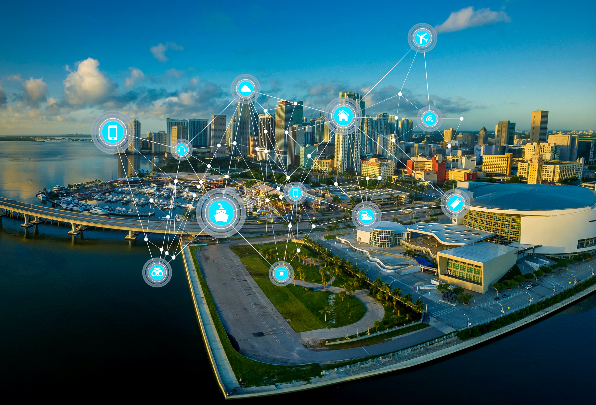 Internet of things - communication mesh over modern cityscape photo